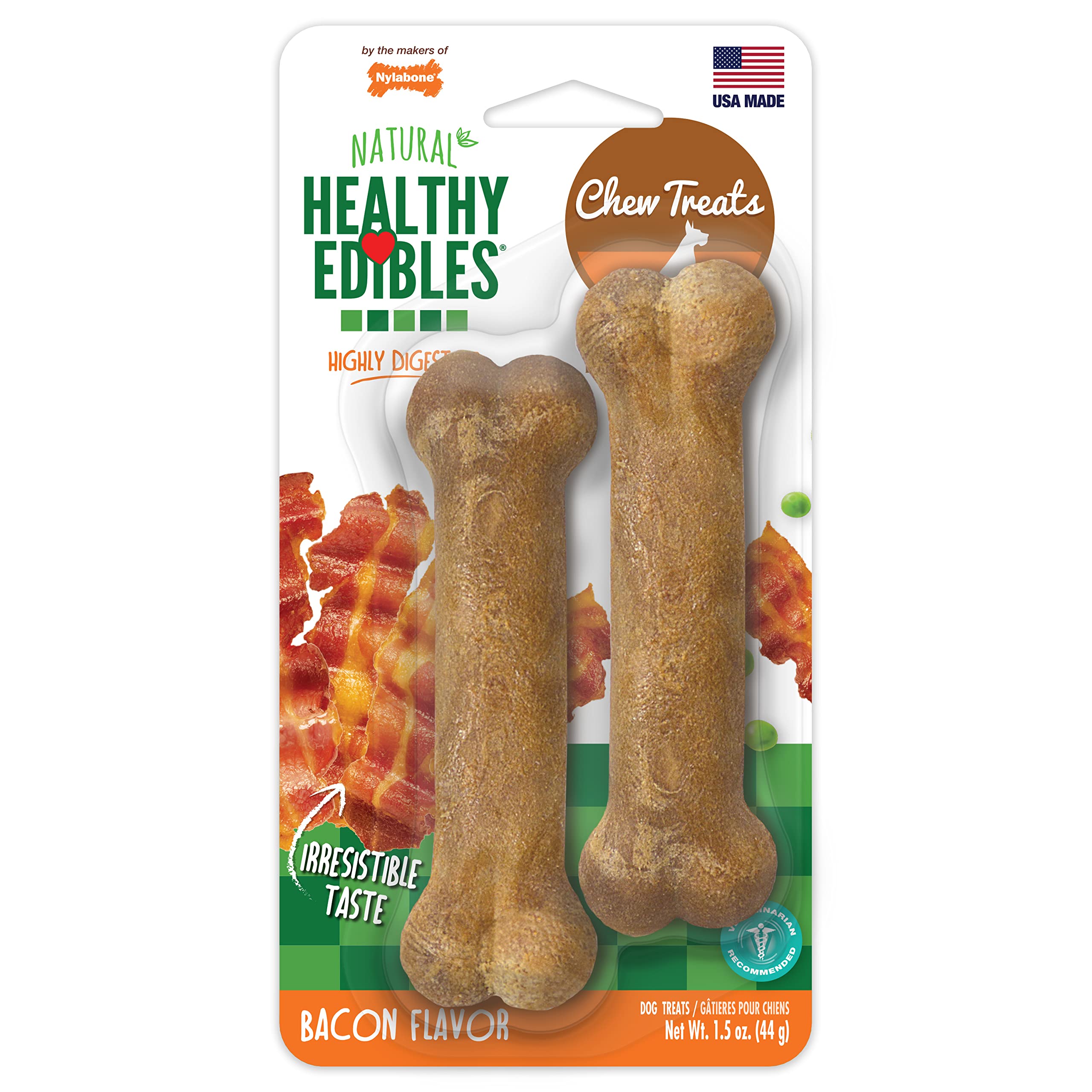 Nylabone Healthy Edibles Natural Dog Chews Long Lasting Bacon Flavor Treats for Dogs, X-Small/Petite (2 Count)