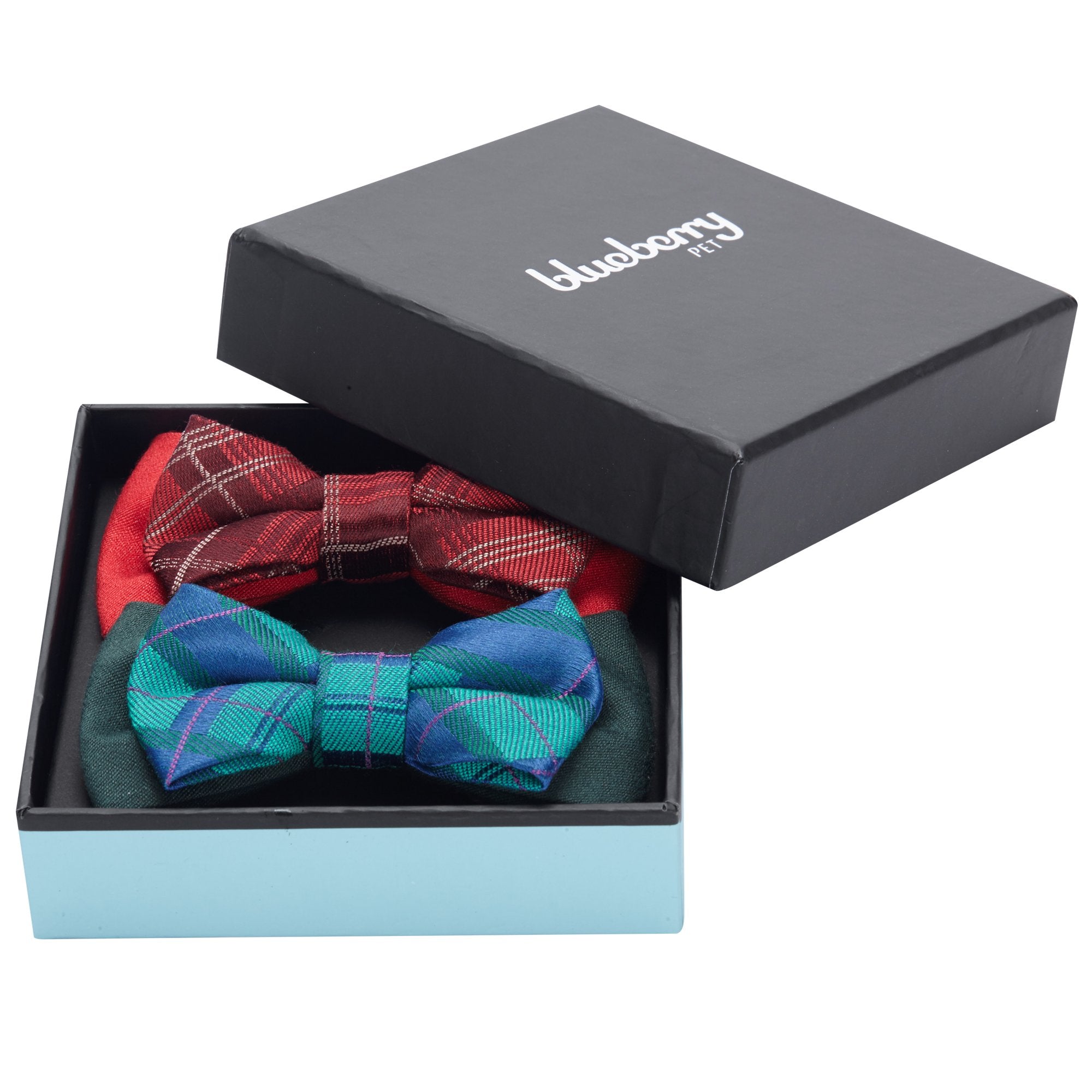 Blueberry Pet Gift Box With Pack Of 2 Handmade Dog Cat Bow Tie, Scottish Plaid Tartan Style Bowtie Set In Scarlet Red & Emerald Green, 4' * 2.5'