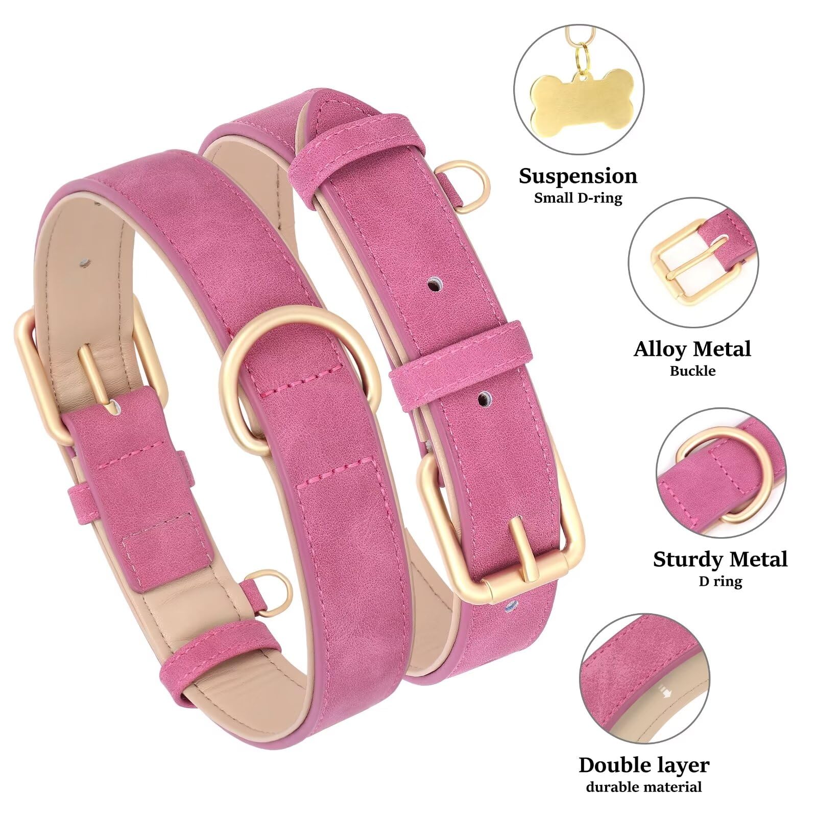 Didog Soft Padded Leather Dog Collar, Adjustable Dog Collars For Small Dogs With Heavy Duty Metal Buckle And D Ring, Hot Pink,S