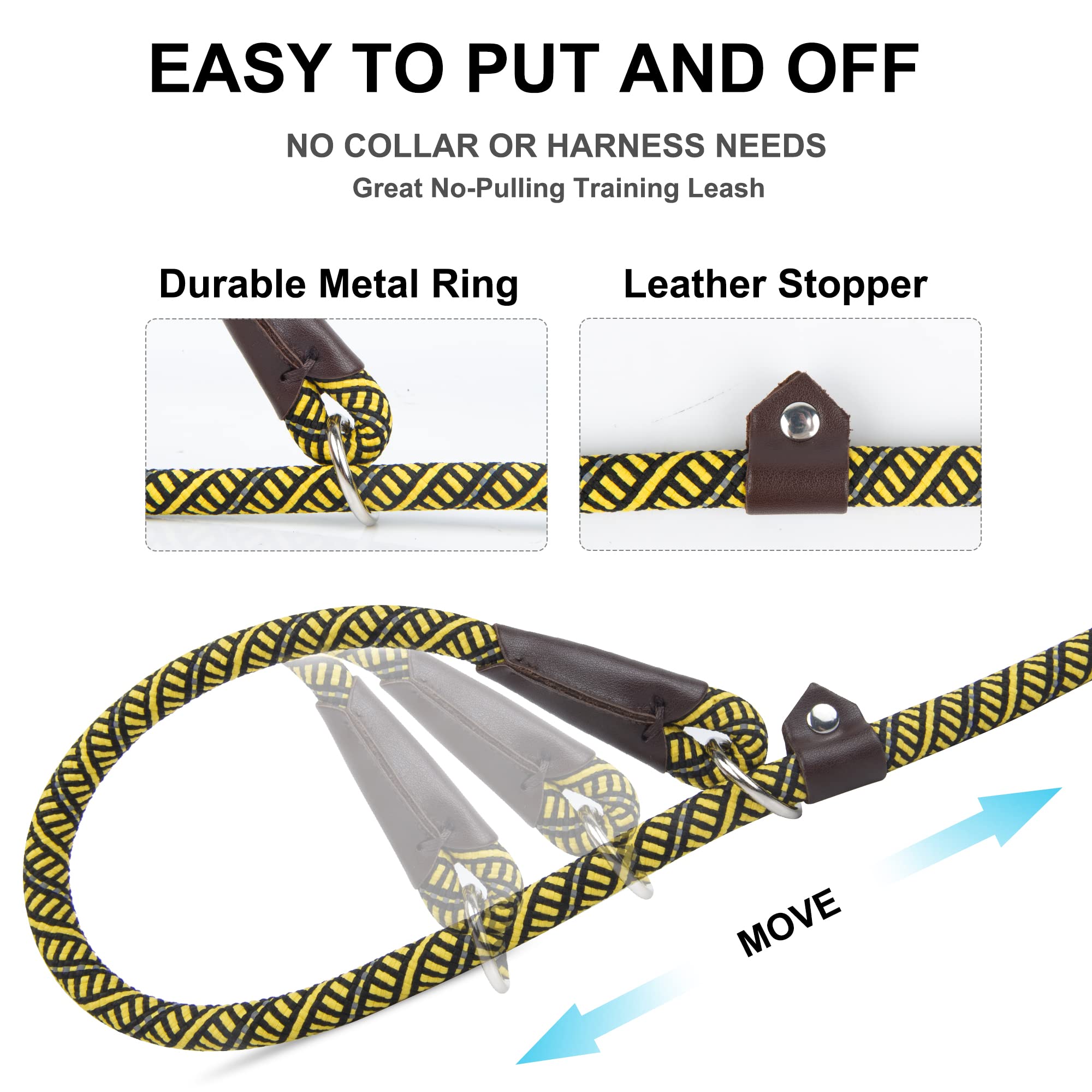 Fida Durable Slip Lead Dog Leash, 6 FT x 3/8", Heavy Duty, Reflective, Yellow, Comfortable for Small Dogs and Puppies