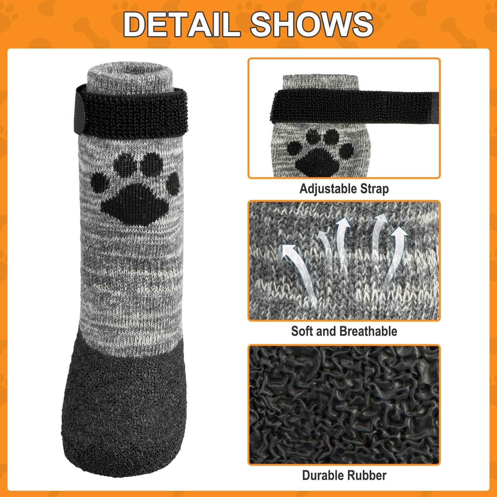 KOOLTAIL Anti-Slip Dog Socks for Hardwood Floors, X-Large, Grey - Traction Grip Boots for Small, Medium, Large Dogs
