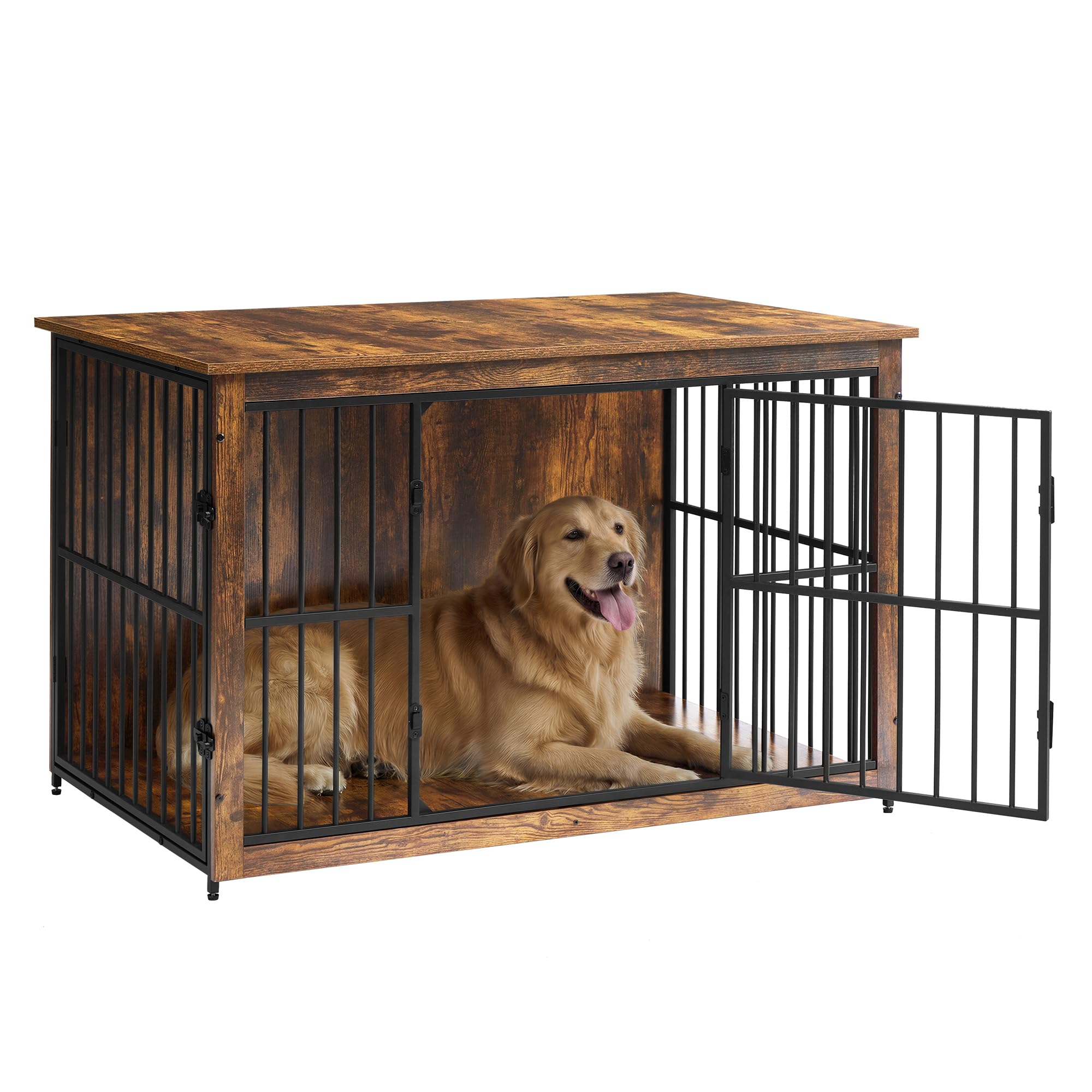 Feandrea Wooden Dog Crate Furniture, 48 Inches Heavy-Duty Kennel for Dogs up to 110 lb, with Double Doors and Enclosed Wood Base