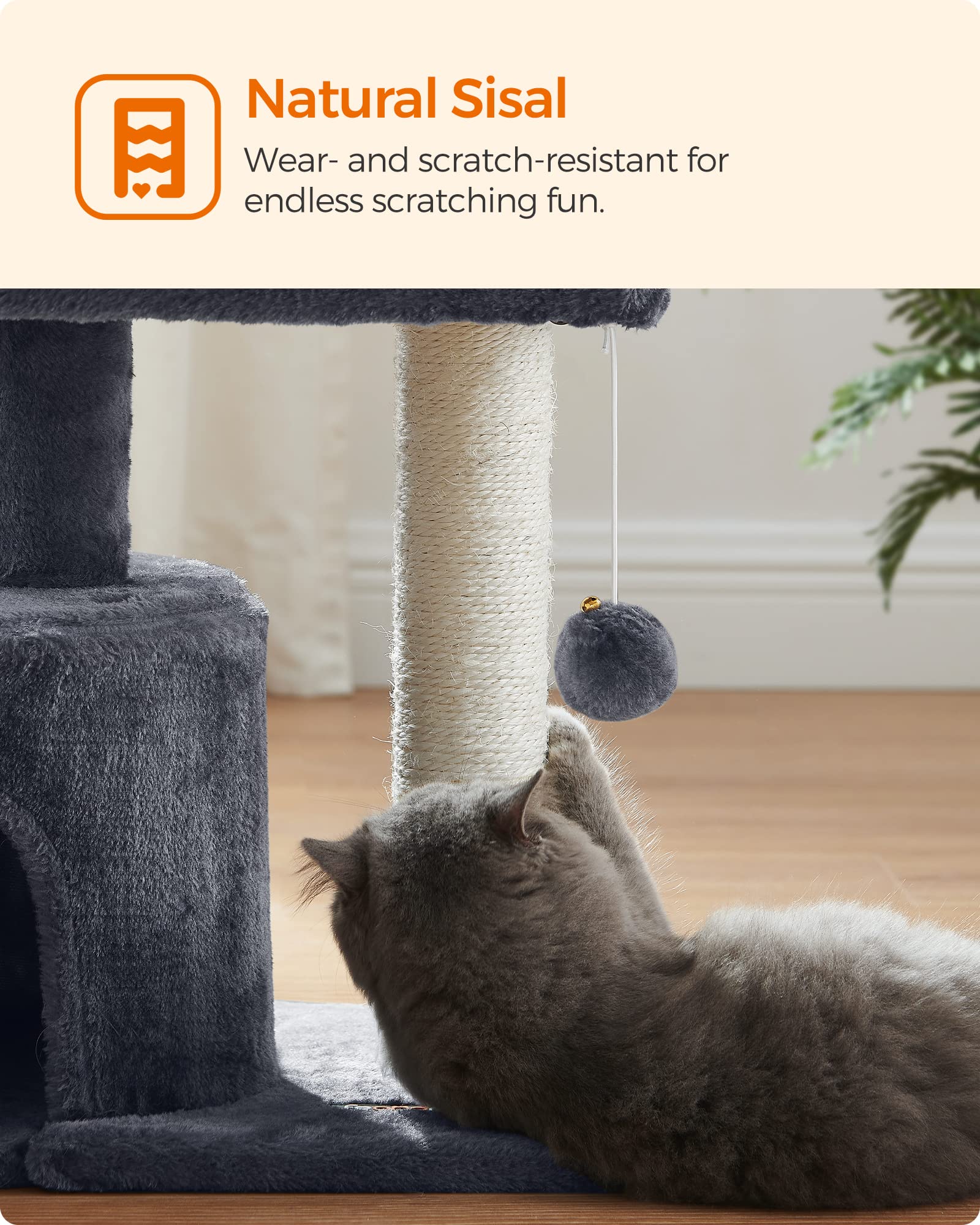 Feandrea Cat Tree, Cat Tower With Sisal-Covered Scratching Post, Cat Condo With Padded Perch, For Small Spaces, Kittens, Smoky G