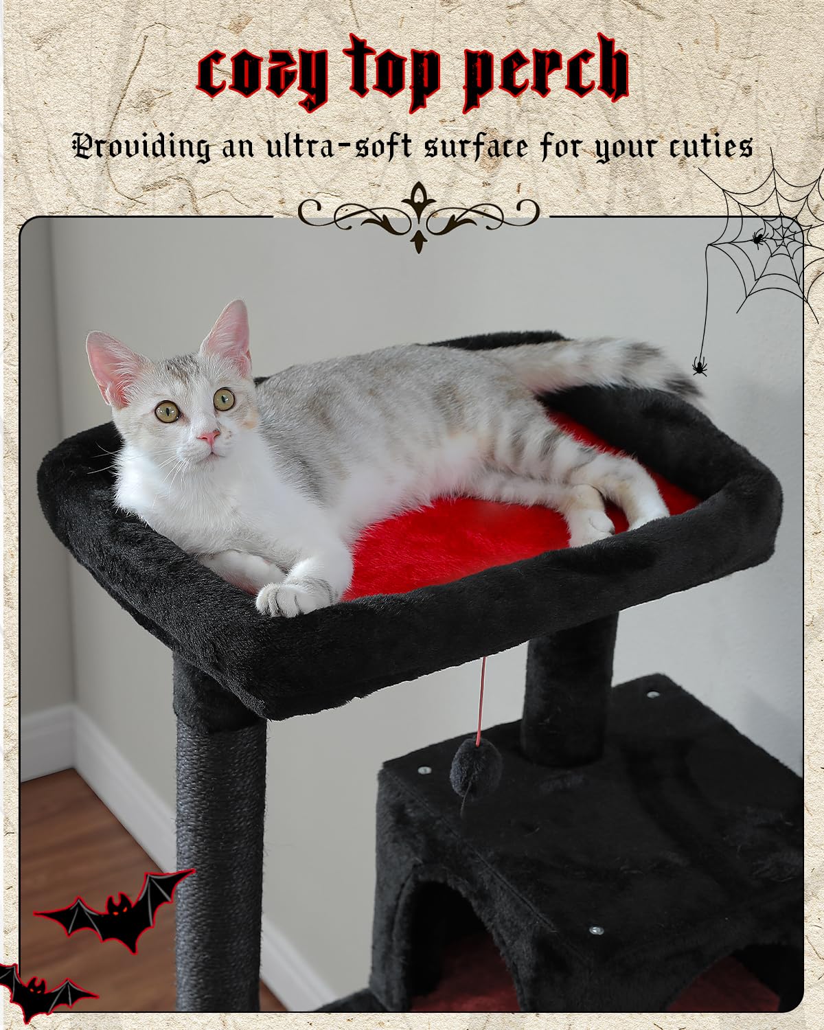 Muttros Gothic Cat Tree With Super Large Hammock, 56.3' Black Cat Tower With Coffin Bed, Cat Condo, Sisal Scratching Posts & Top Perch, Multi-Level Goth Cat Tree, Halloween, Black