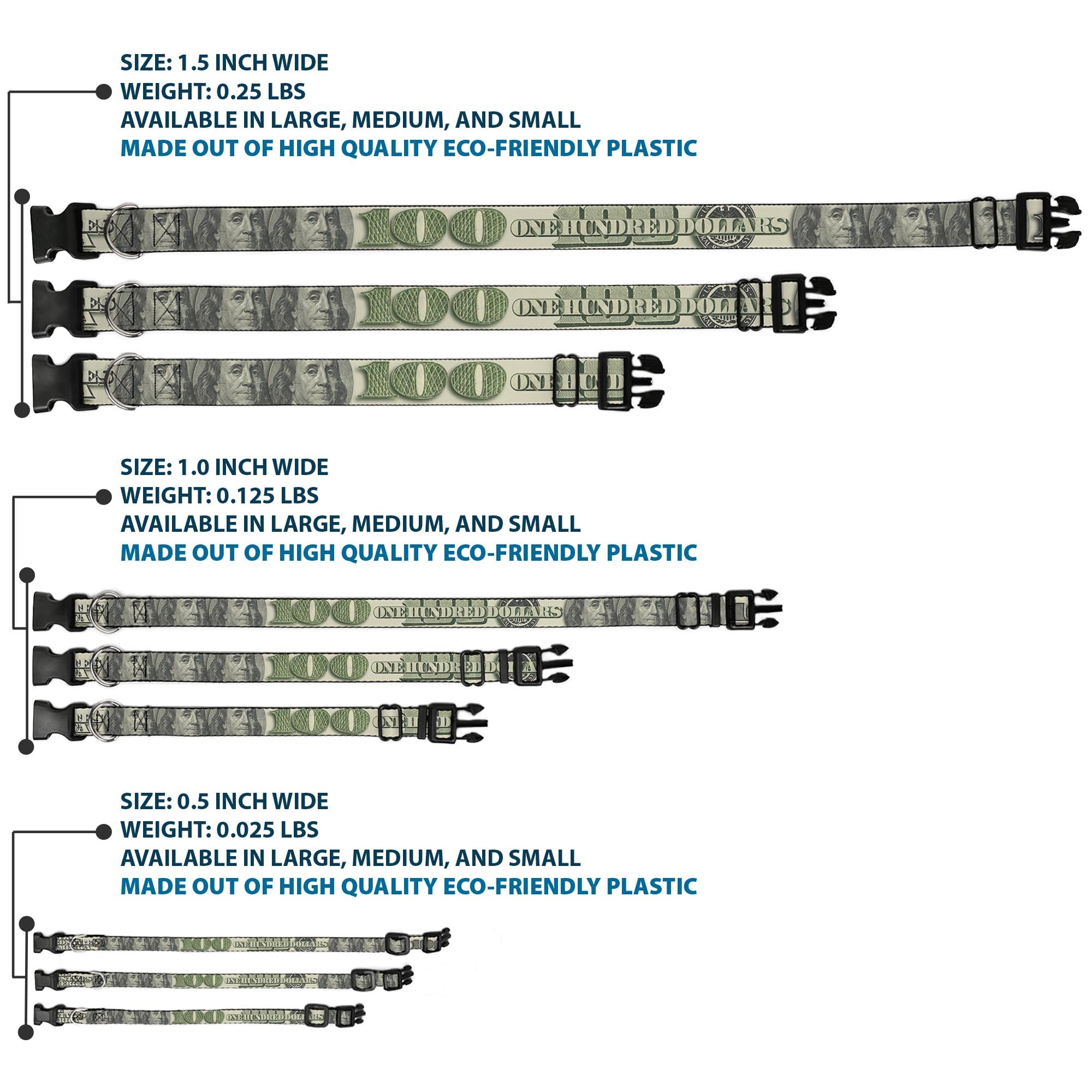 Buckle-Down 100 Dollar Bill C/U/Triple Benjamin Plastic Clip Collar, 1'' X 15-26''/Large