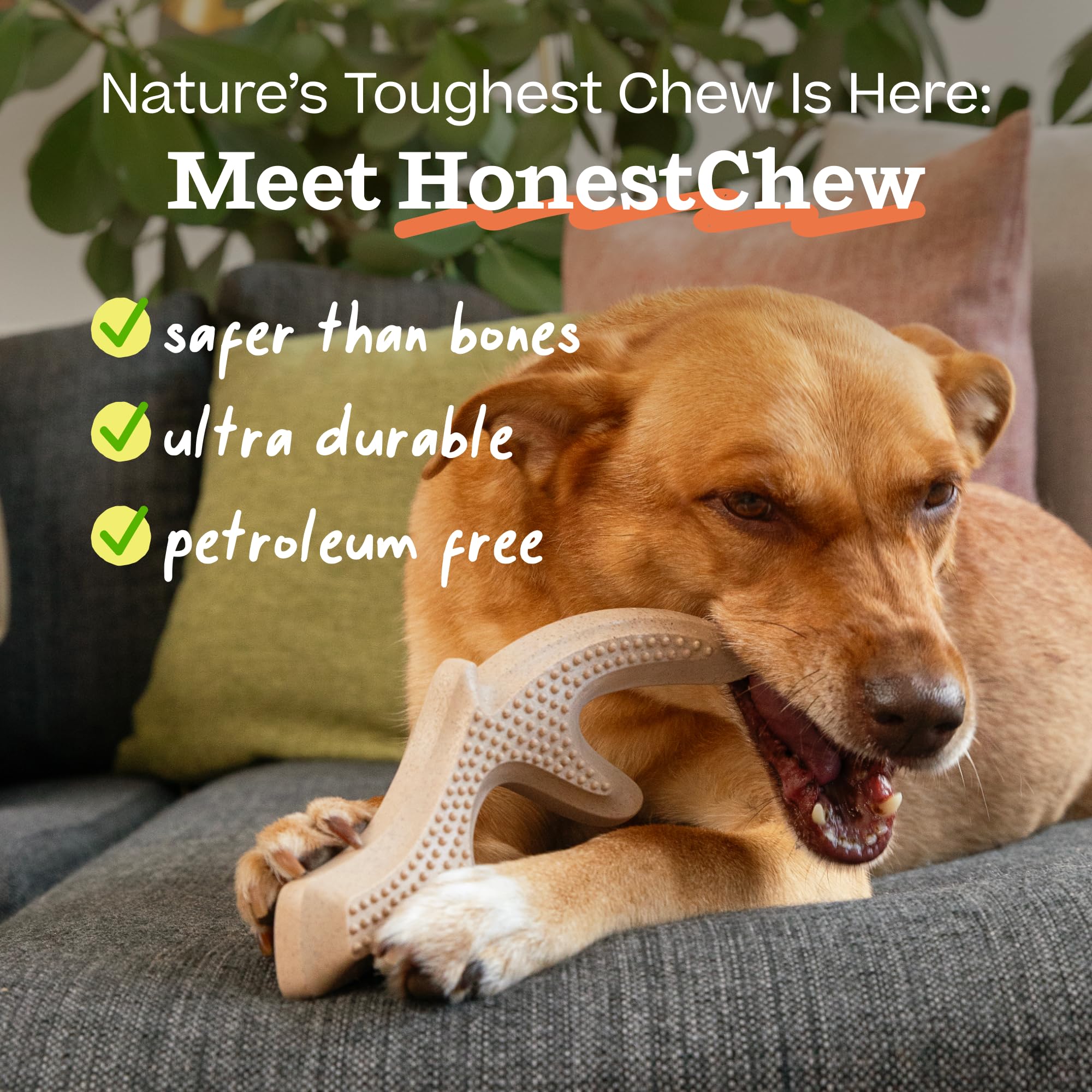 WOOF HonestChew Dog Toy Antler - Durable Dog Chews - Made with Natural, Plant-Based Ingredients - Splinter-Resistant - Safer Tha