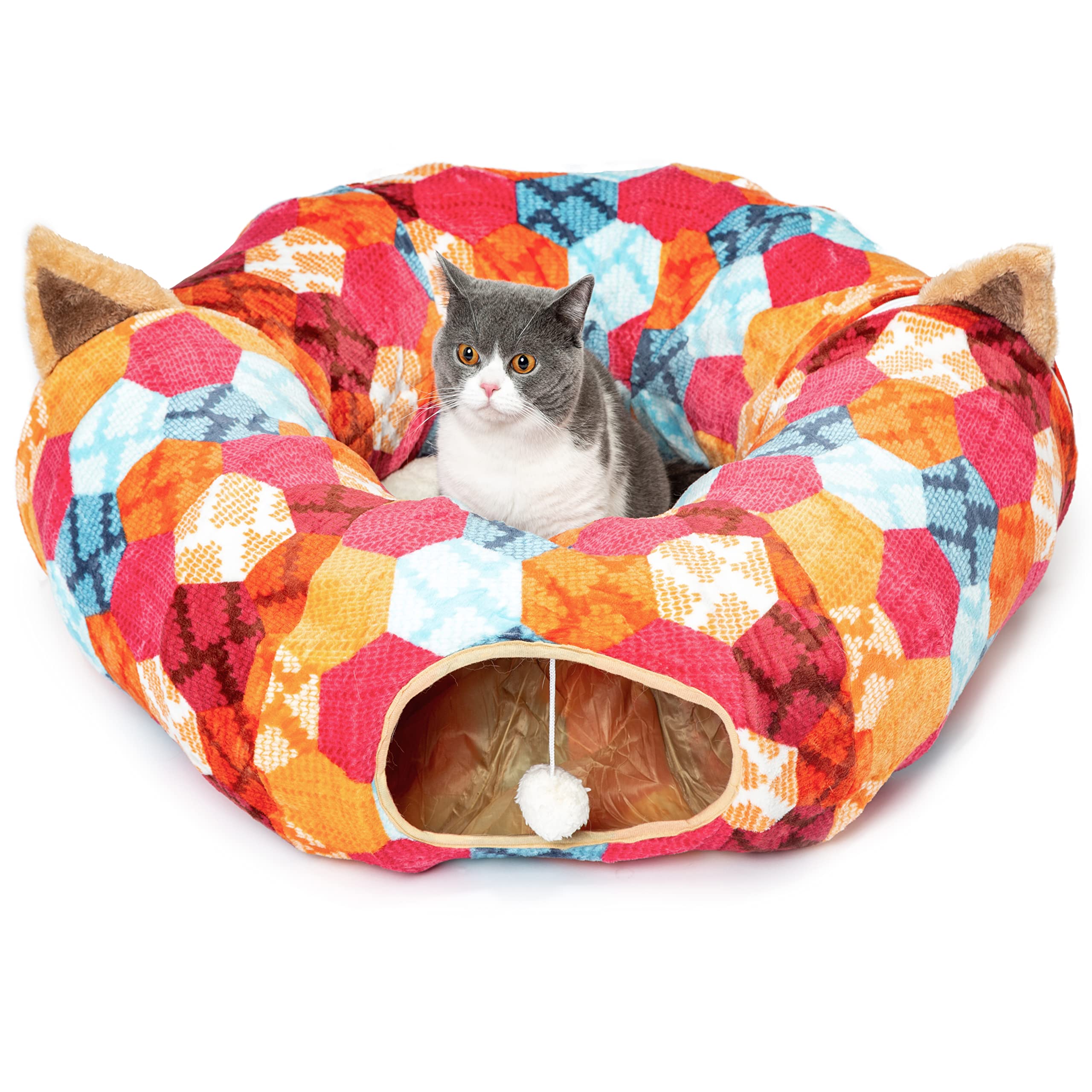 Auoon Cat Tunnel Bed With Central Mat,Big Tube Playground Toys,Soft Plush Material,Full Moon Shape For Kitten,Cat,Puppy,Rabbit,Ferret (Orange)
