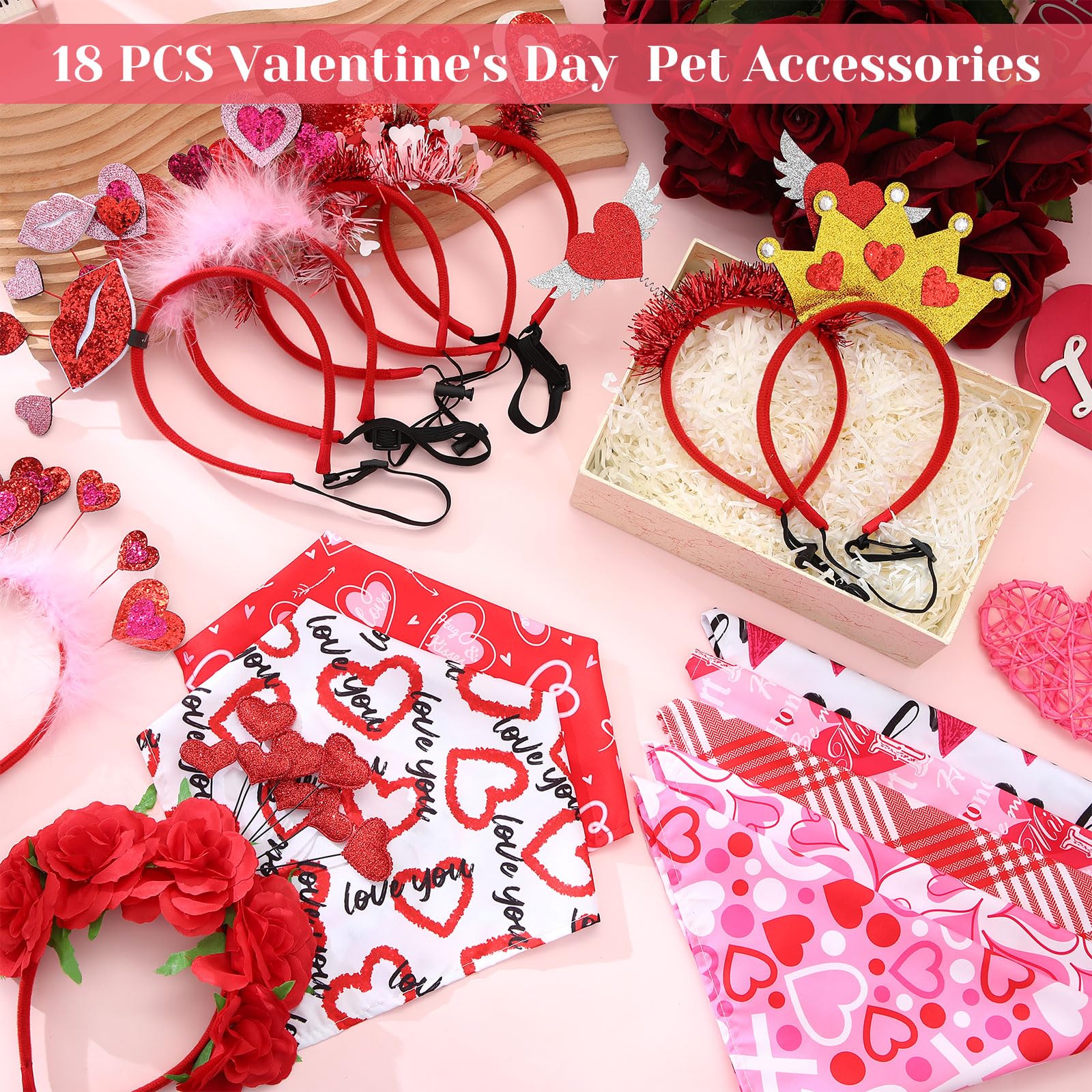 Wavwavw 18 Pcs Valentines Day Dog Headband Red Love Hearts Cute Dog Bandanas Costume Triangle Pet Scarf Adjustable Head Bopper H