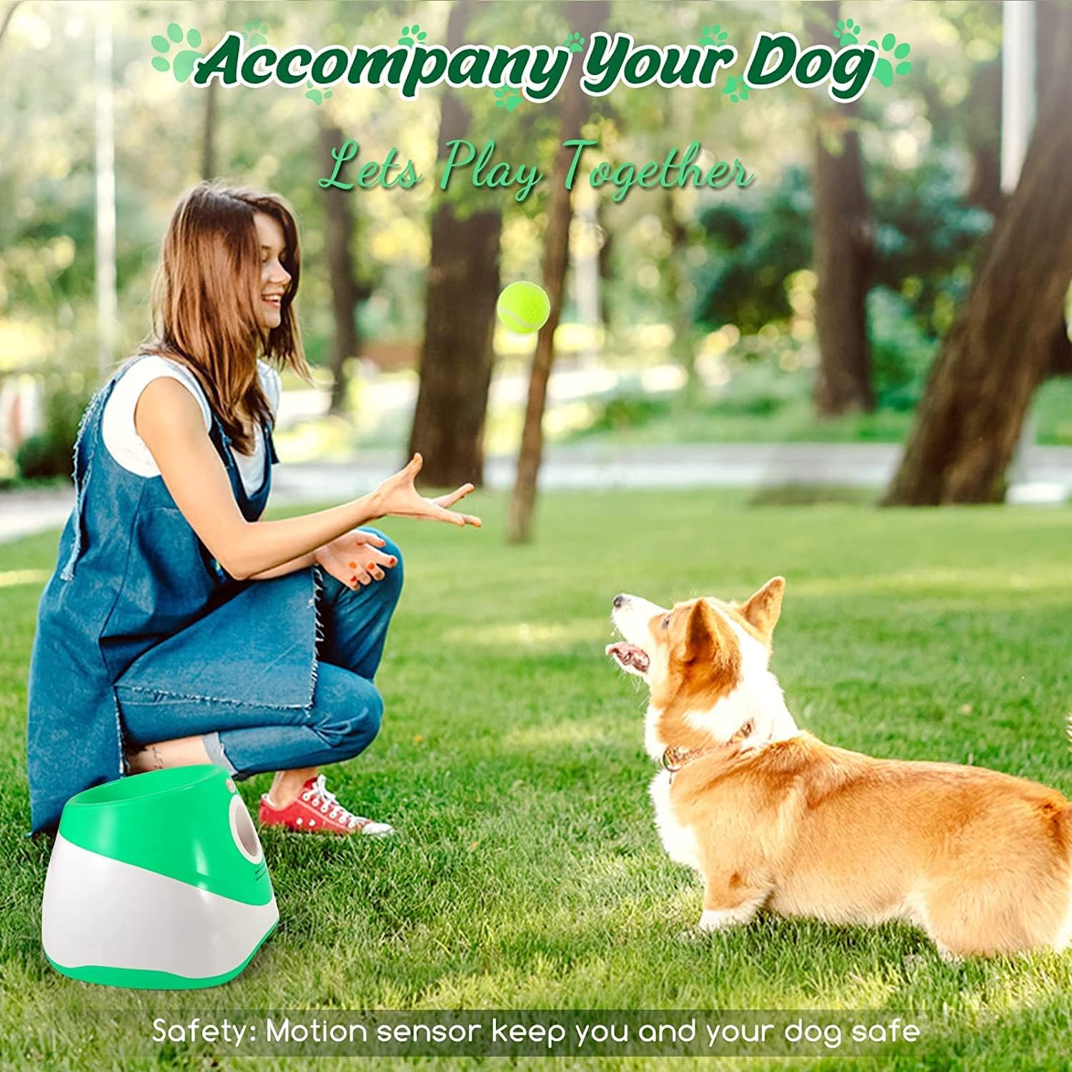 SOCO Automatic Ball Launcher for Small Dogs, USB Rechargeable, 10-30 Ft Range, Green, Includes 15 Mini Tennis Balls, Model ATBLG15