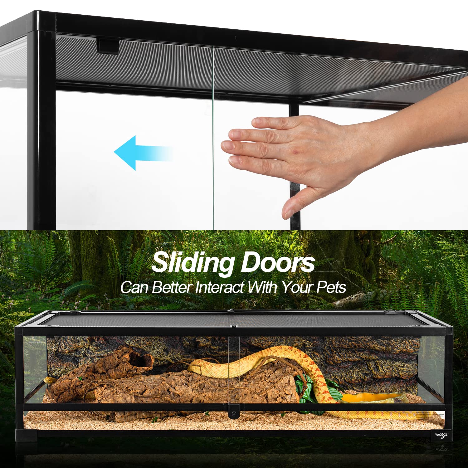 WACOOL TERRA 45 Gallon Reptile Tank - 360° Glass Terrarium with Mesh Lid for Tortoise & Snake - Black/Clear, Model RK0221