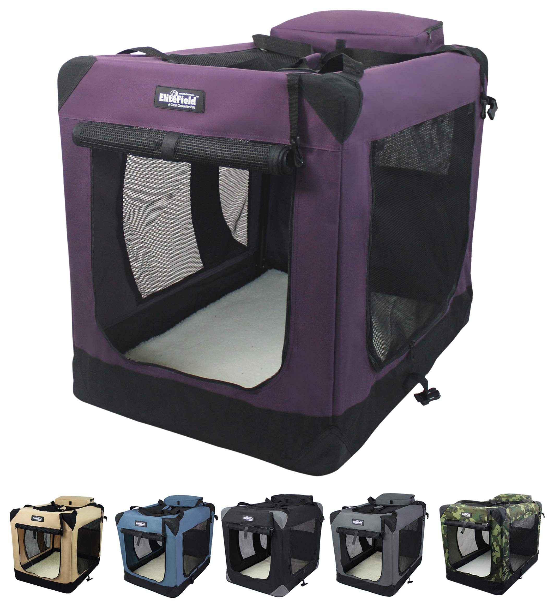 Elitefield 3-Door Folding Soft Dog Crate With Carrying Bag And Fleece Bed (2 Year Warranty), Indoor & Outdoor Pet Home (36'' L X