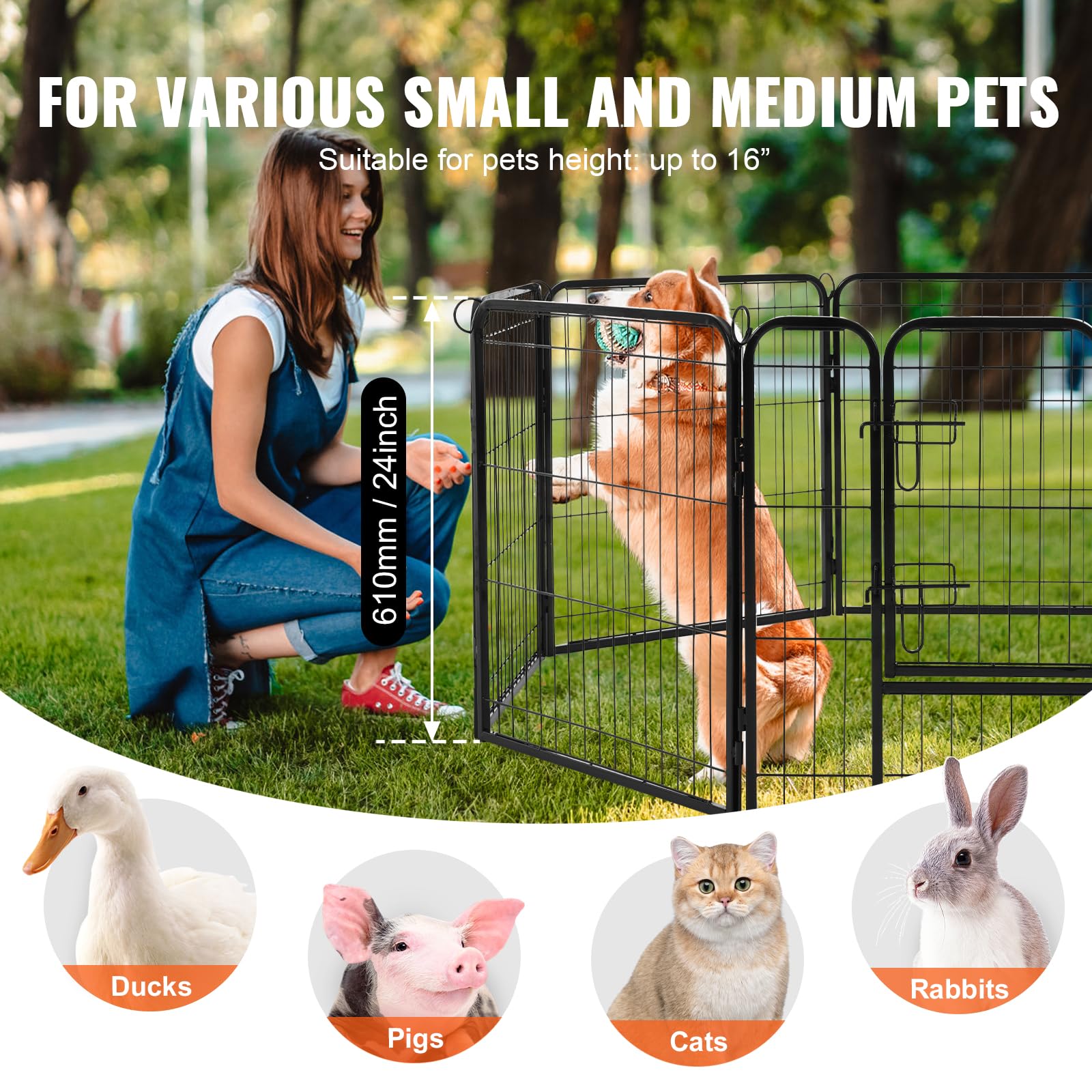 Vevor Dog Playpen, 8 Pcs 24 X 24 In Panels Foldable Metal Pet Exercise Pen, Dog Fence Indoor And Outdoor Pen With Door, Storage