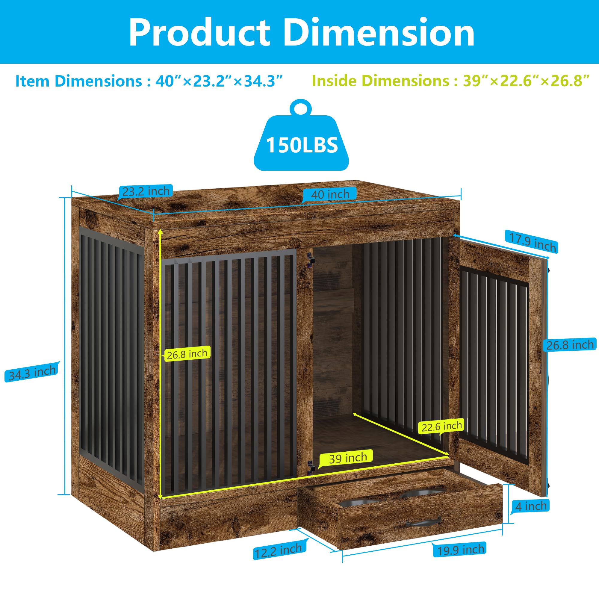 Yookare Rustic Brown Heavy Duty Furniture Dog Crate, Wood And Metal Kennel Cage, Pet House End Table With Drawer And Pull-Out De