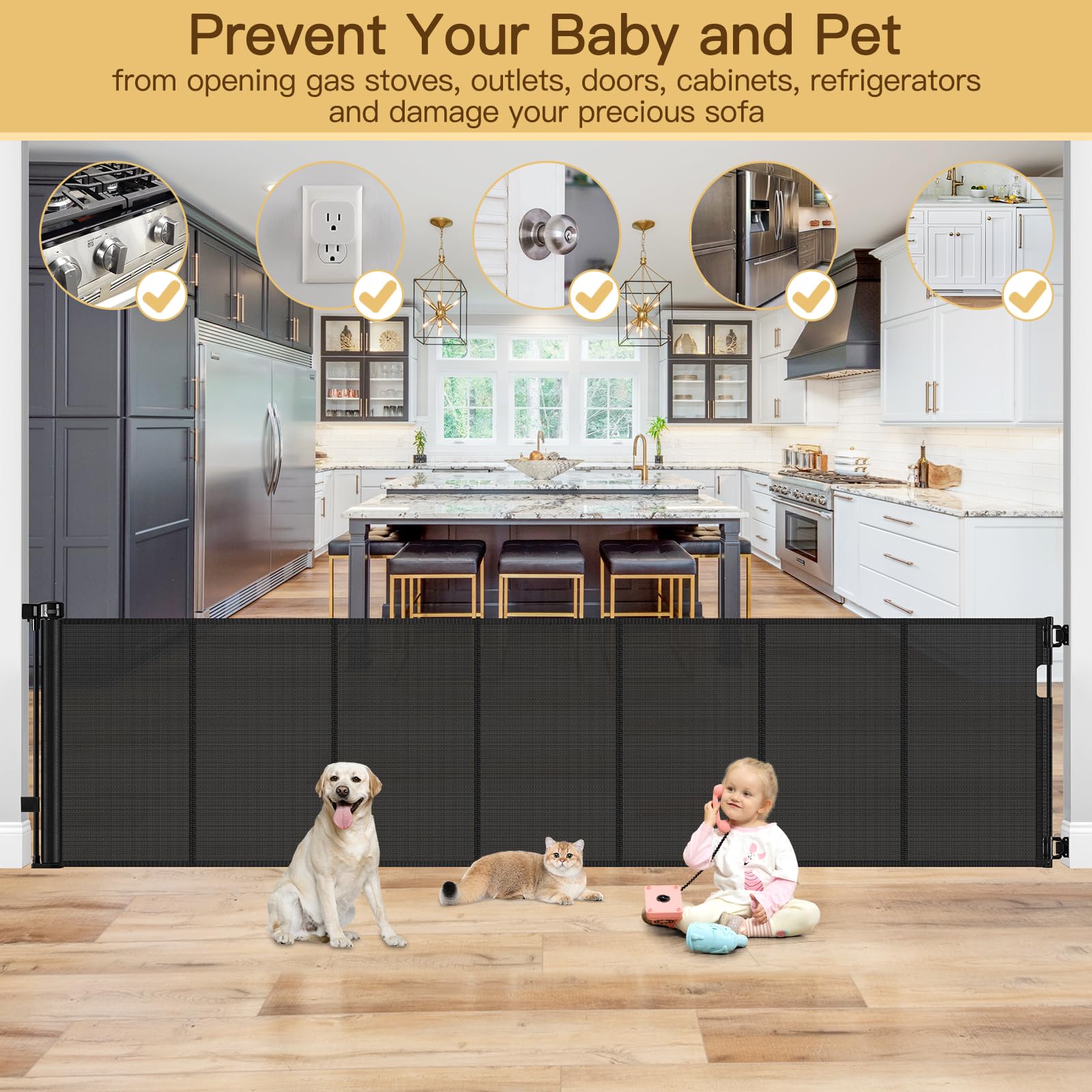 Reinforced 200 Inch Extra Wide Retractable Baby Gates to Prevent Crawling Through, Indoor/Outdoor Baby Gates for Decks, 16 ft Me