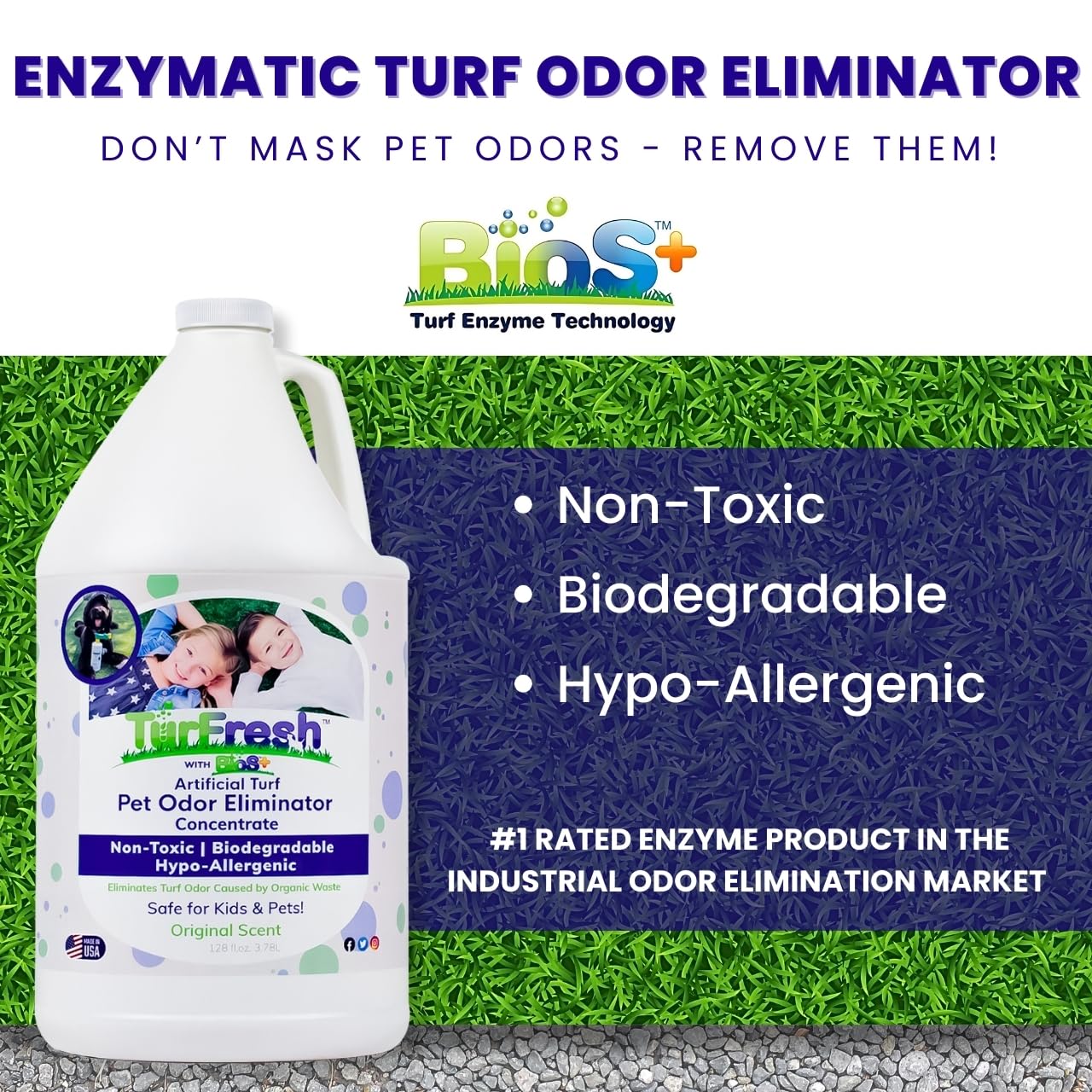 TurFresh BioTurf BioS+ Artificial Turf Deodorizer - Non-Toxic Enzyme Concentrate for Pet Odor - 1 Gallon Safe for Kids, Pets, and Plants