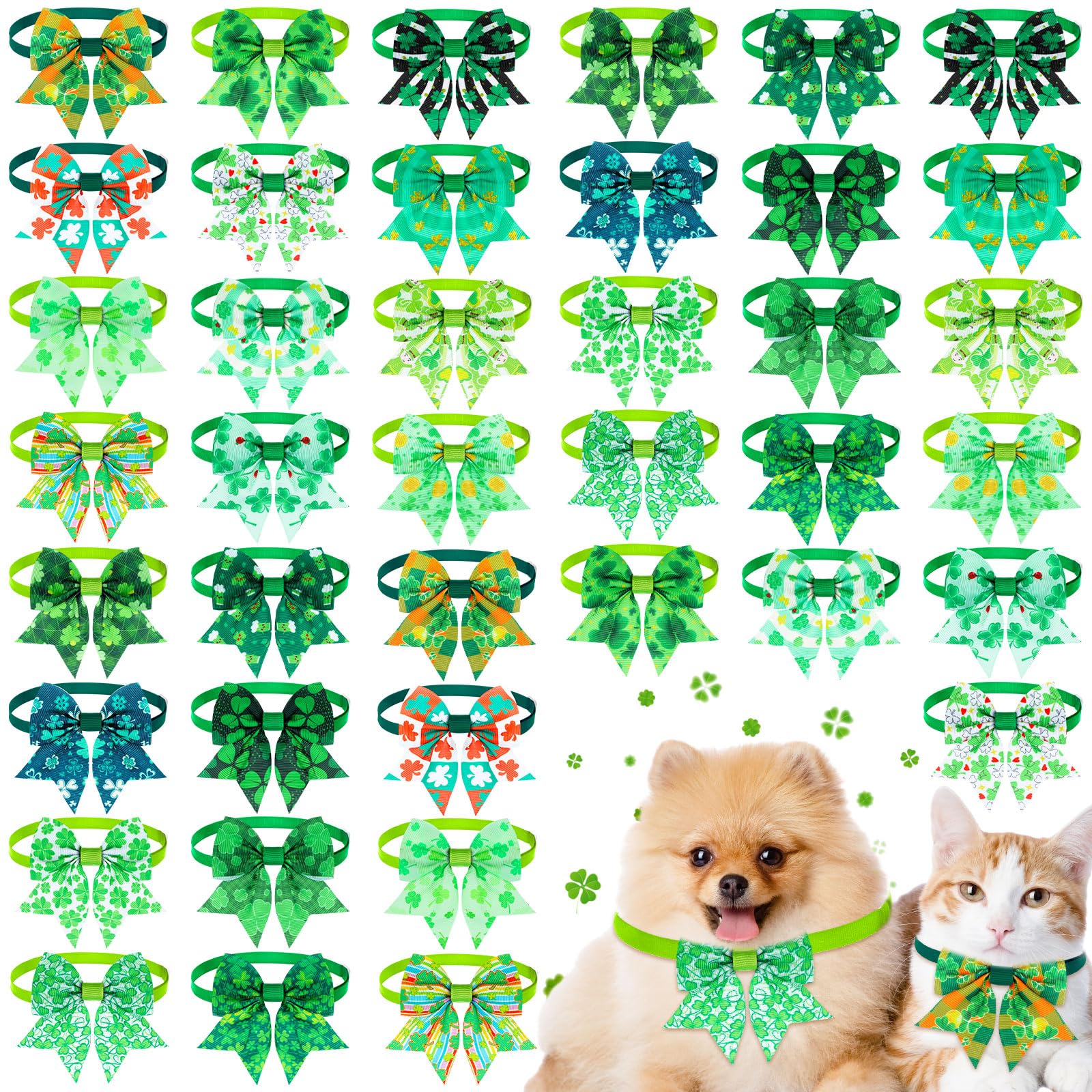 Maitys 40 Pcs St. Patrick'S Day Cat & Dog Bow Ties - Adjustable Clover Pattern Neckties For Festival & Party Grooming Accessorie