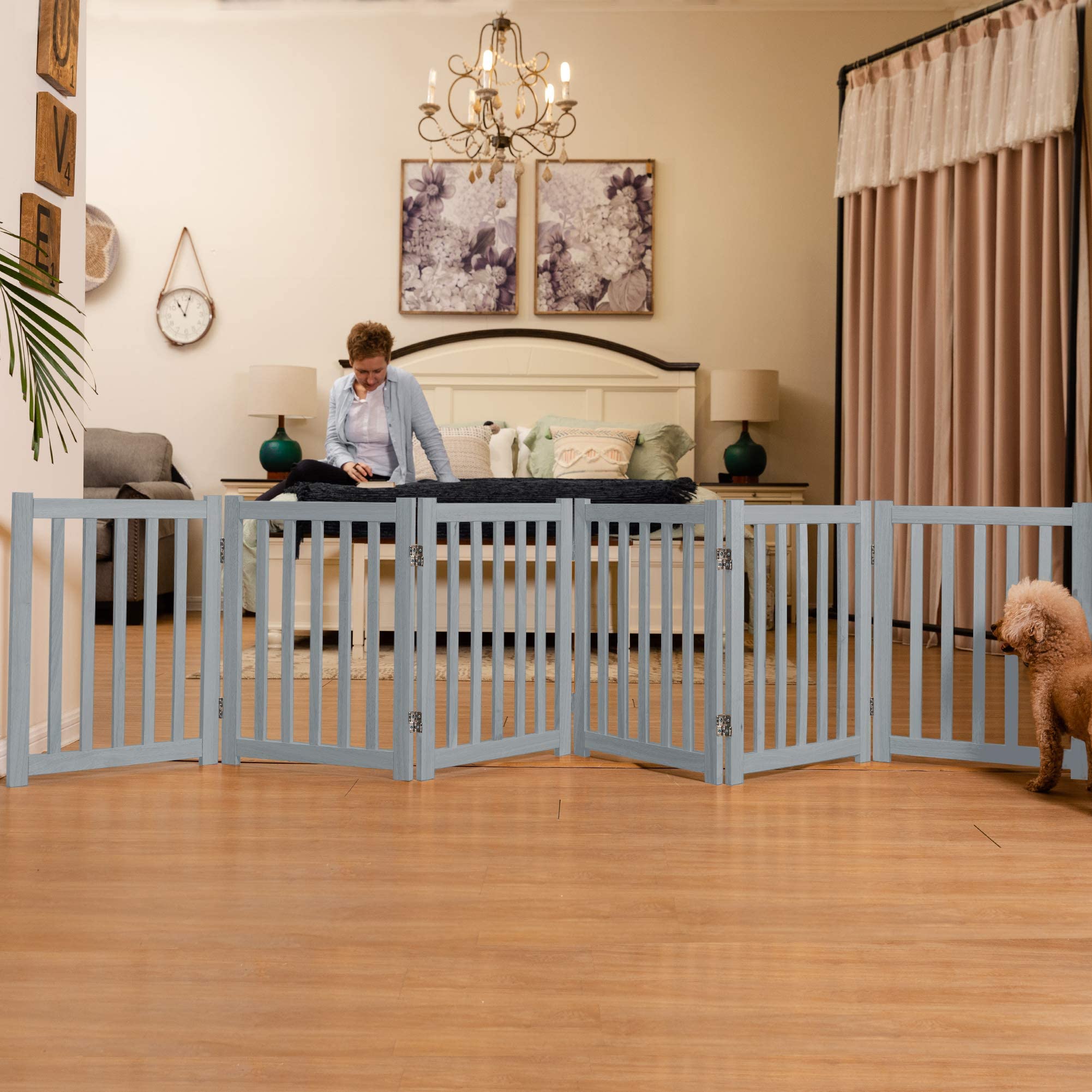 Lzrs 6-Panel Extra-Wide Freestanding Wooden Dog Gate ?24?igh Foldable Safety Pet Barrier For Doorways, Hallways, Kitchens, And Long Staircases, Durable Design Fit Small To Medium Dogs, Grey