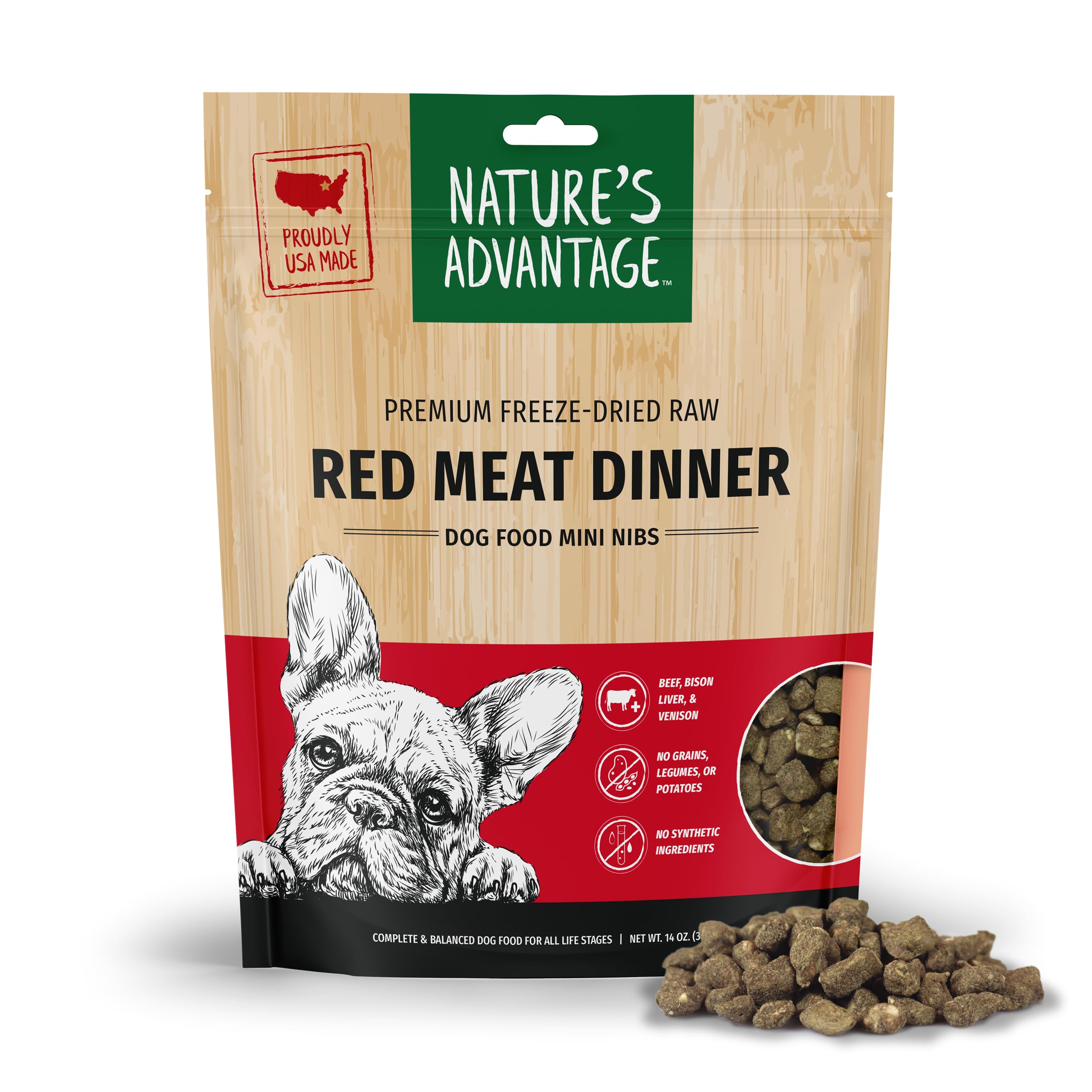 Natures Advantage Freeze-Dried Raw Red Meat Dinner Dog Food Mini Nibs, 14 oz | Beef, Venison, Fruits, Veggies | Grain Free, Hig