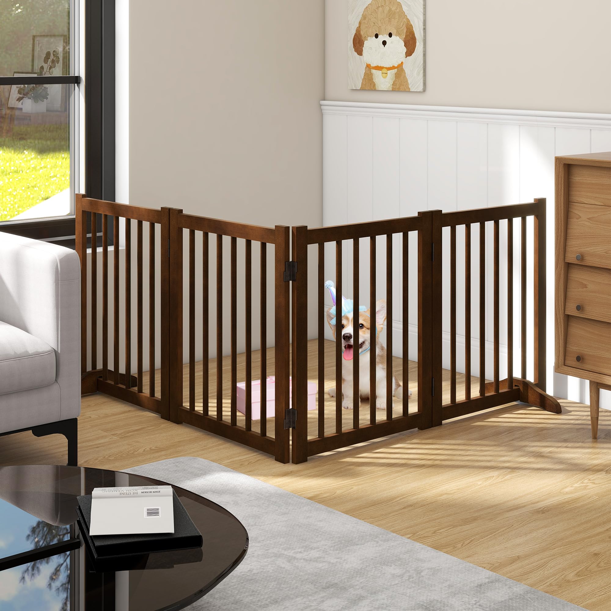 Solid Wood Freestanding Pet Gate - 4 Panels 24'' - Folding Safety Fence with 2 Support Feet - Ideal for Stairs, Doorways, Halls,