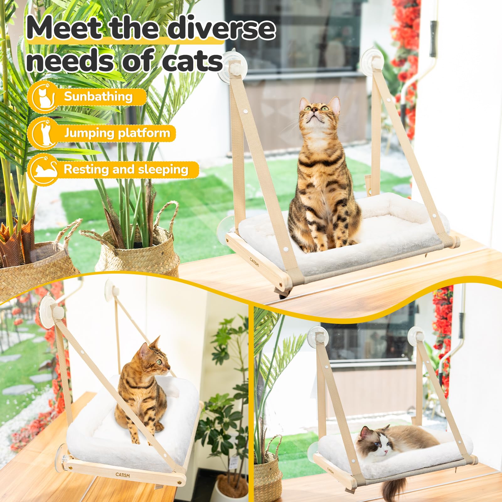 CATISM Cat Window Perch - Hammock - Window - Seat - Home - Cat Bed for Small to Medium Indoor Cats, Wooden, Machine Washable Cov
