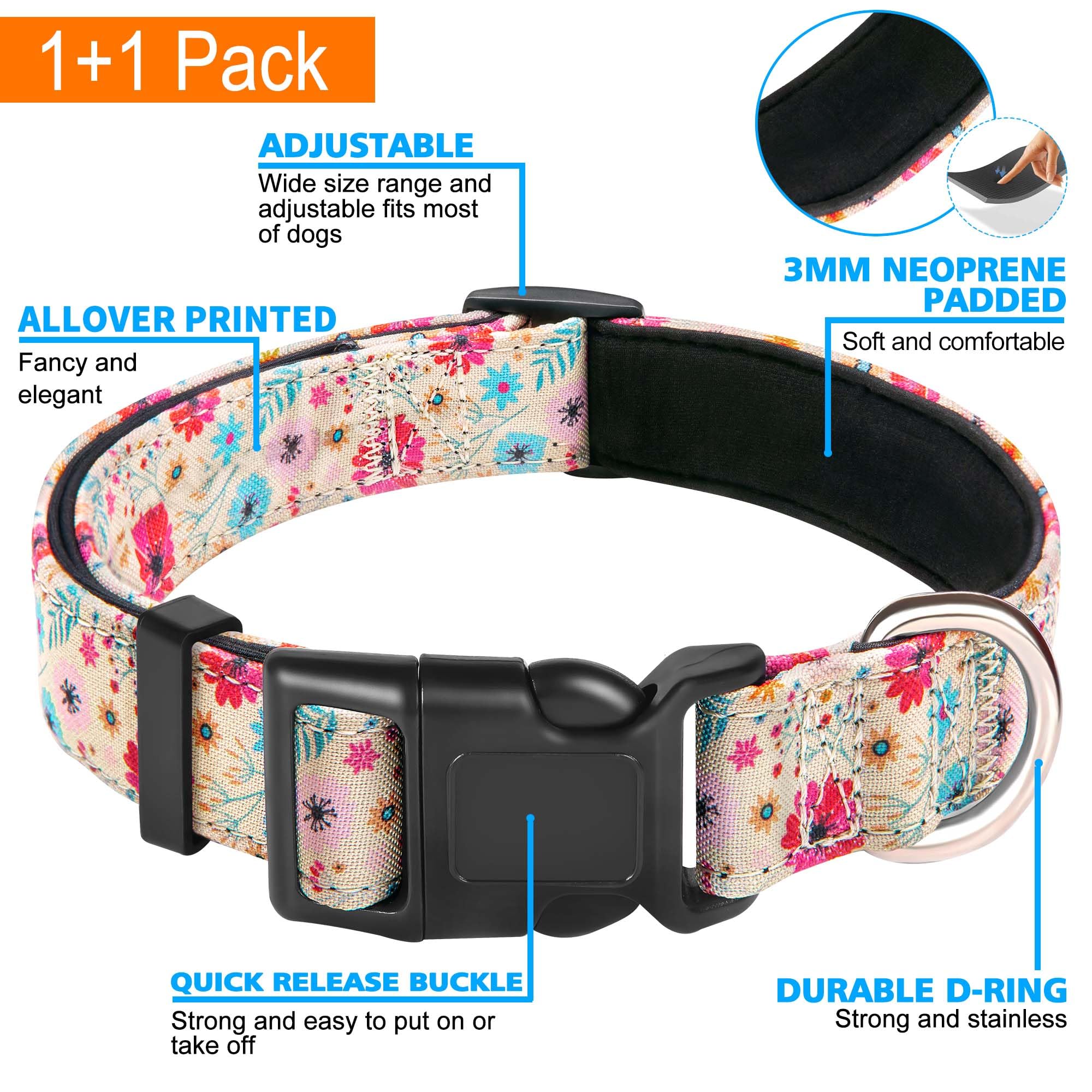 Ladoogo Reflective Dog Collar Padded With Soft Neoprene Breathable Adjustable Nylon Dog Collars For Small Medium Large Dogs (Medium (Pack Of 1), Vanila/Pink Floral Collar+Leash)