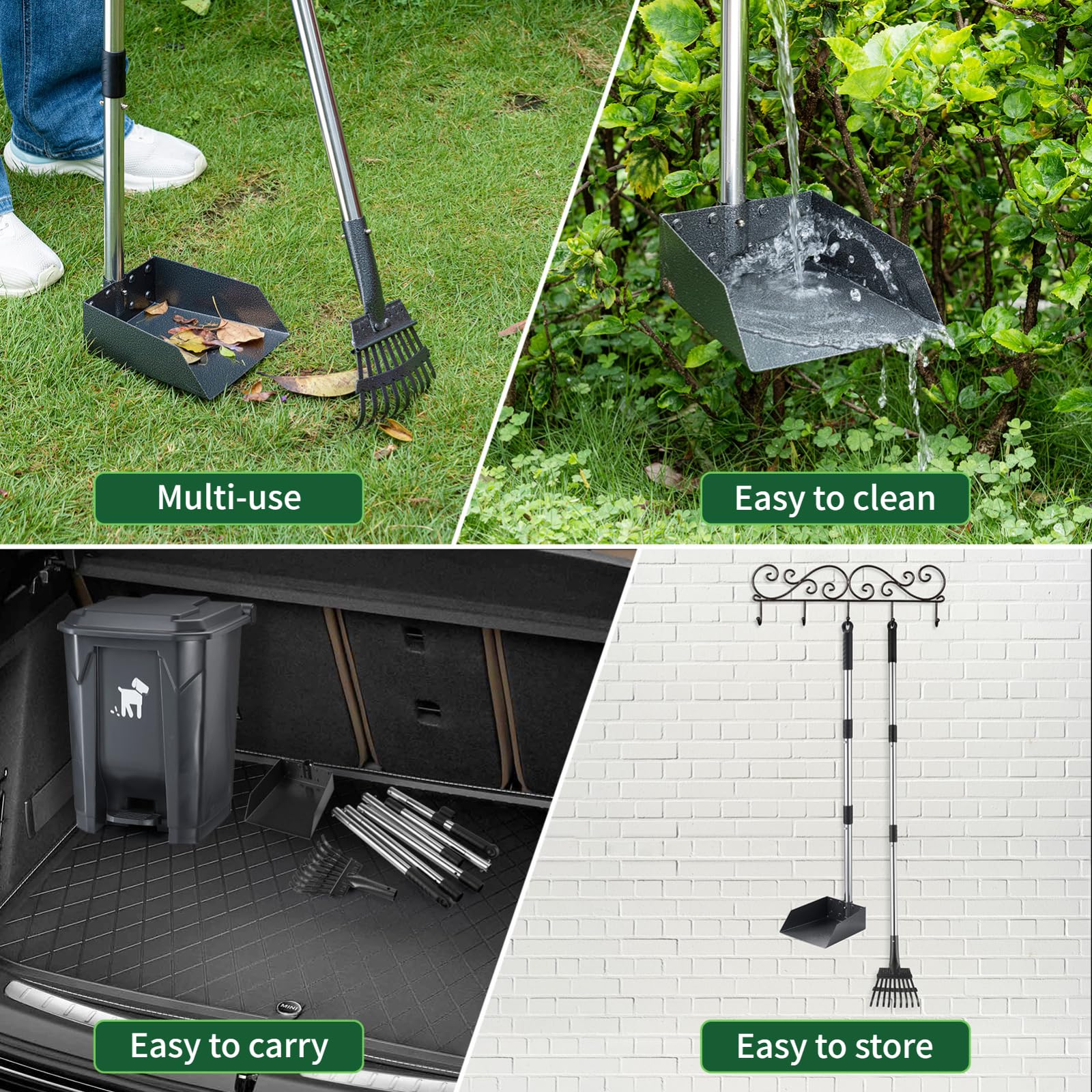 Biubiucat Dog Pooper Scooper Set - 20L Trash Bin, Long Handle Rake, 150 Bags, Black Plastic for Small/Large Dog Families