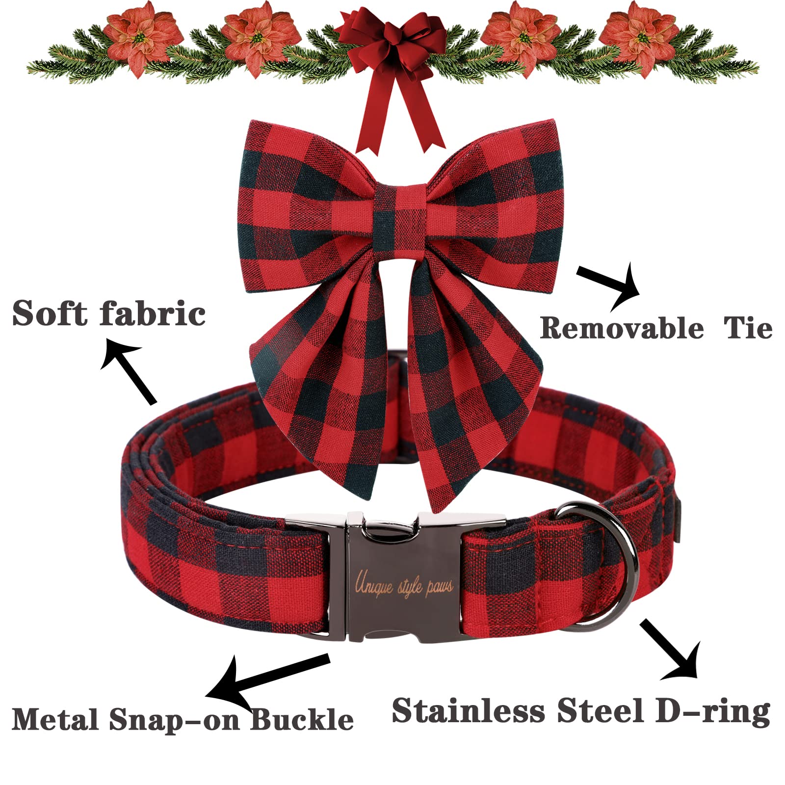 Unique Style Paws Christmas Dog Collar With Bow Tie Classic Red Plaid Puppy Collar For Small Medium Large Dogs As Holiday Winter Gifts-M