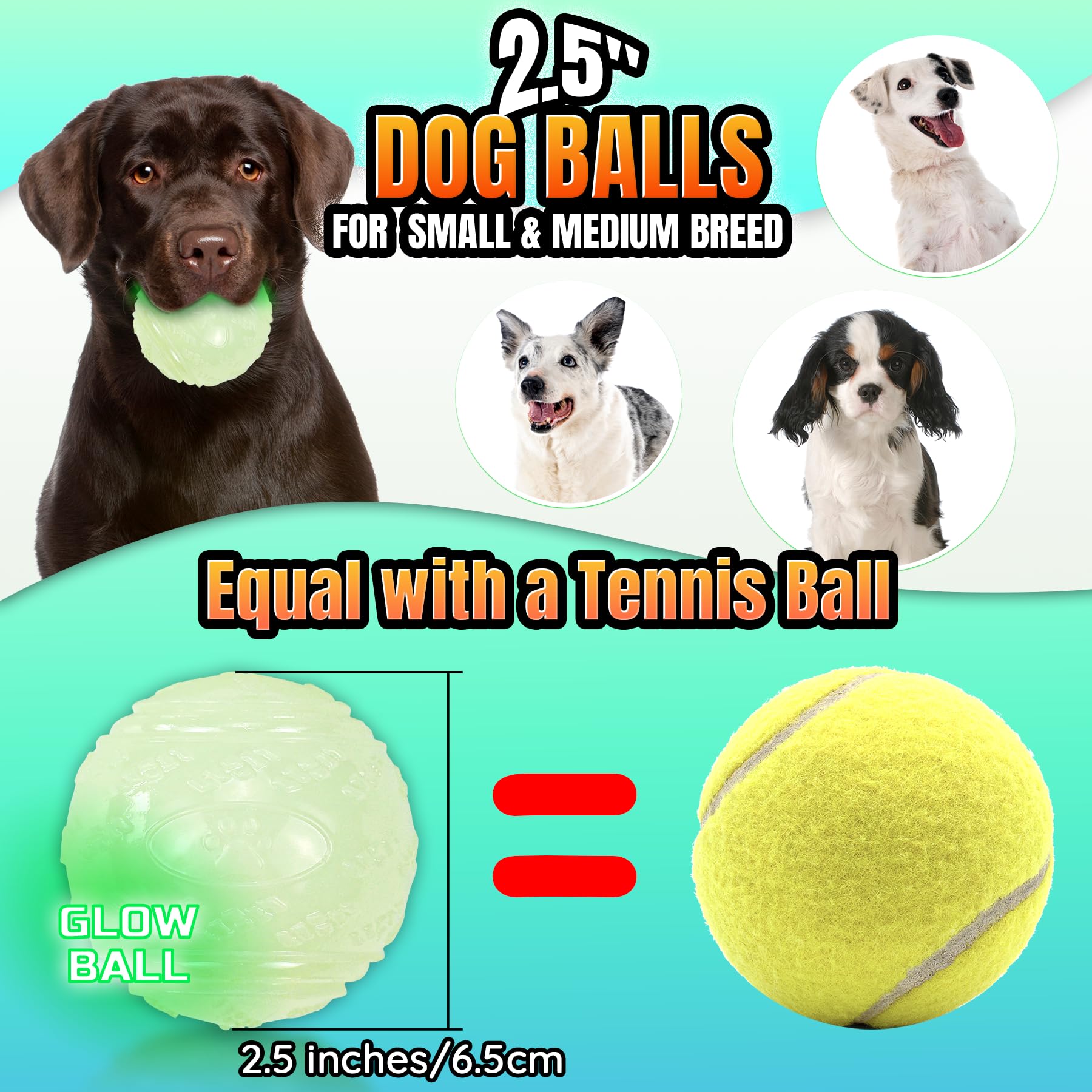 Lechong 4-Pack 2.5    Glow In The Dark Squeaky Dog Balls, Durable Glowing Bouncy Rubber Fetch Toy Balls For Small Medium Puppy D