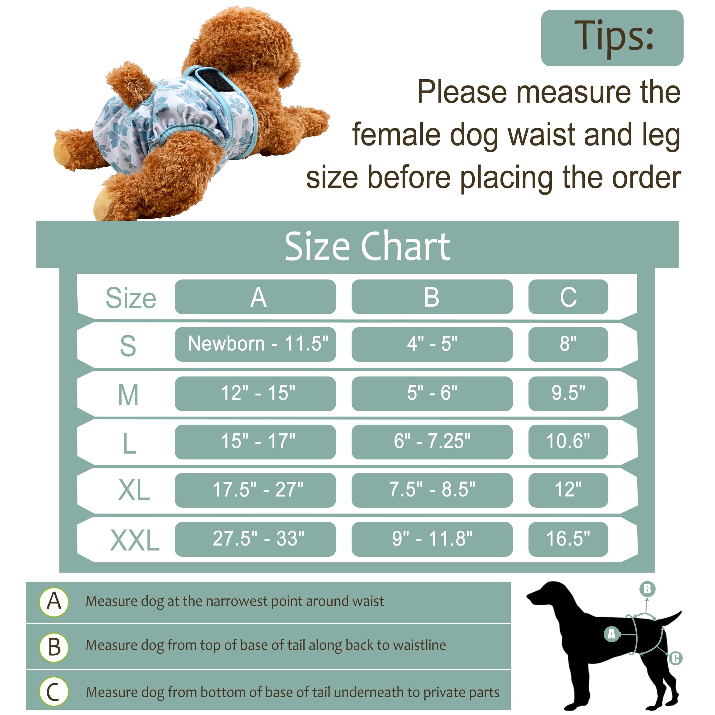 Grecle Washable Female Dog Diapers (3 Pack) - No Leak Reusable Diapers For Doggy Female In Period - Highly Absorbent Dog Heat Panties With Adjustable Snaps S