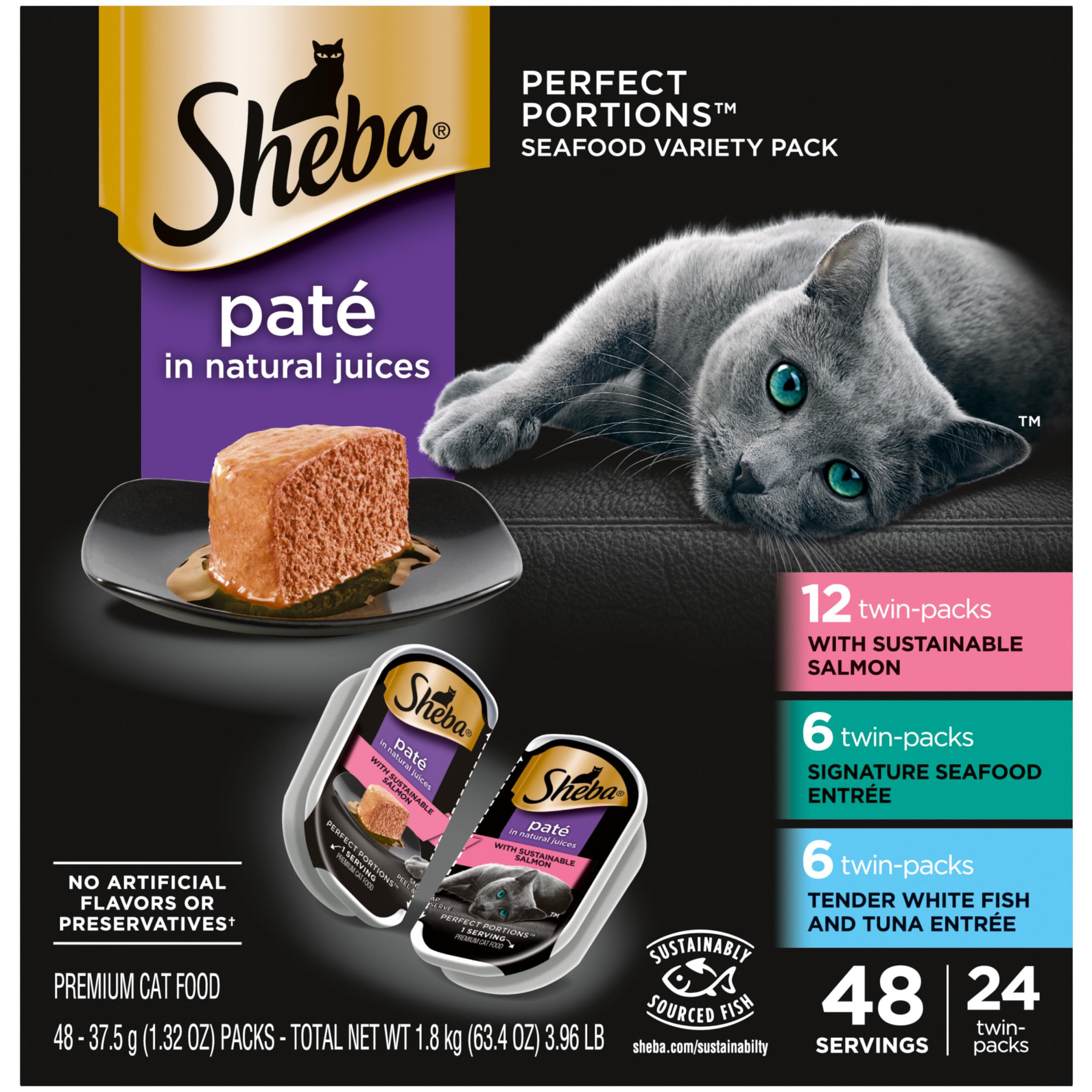 SHEBA Perfect Portions Pat   Wet Cat Food Trays (24 Count, 48 Servings), Signature Seafood Entr  e, Easy Peel Twin-Pack Trays