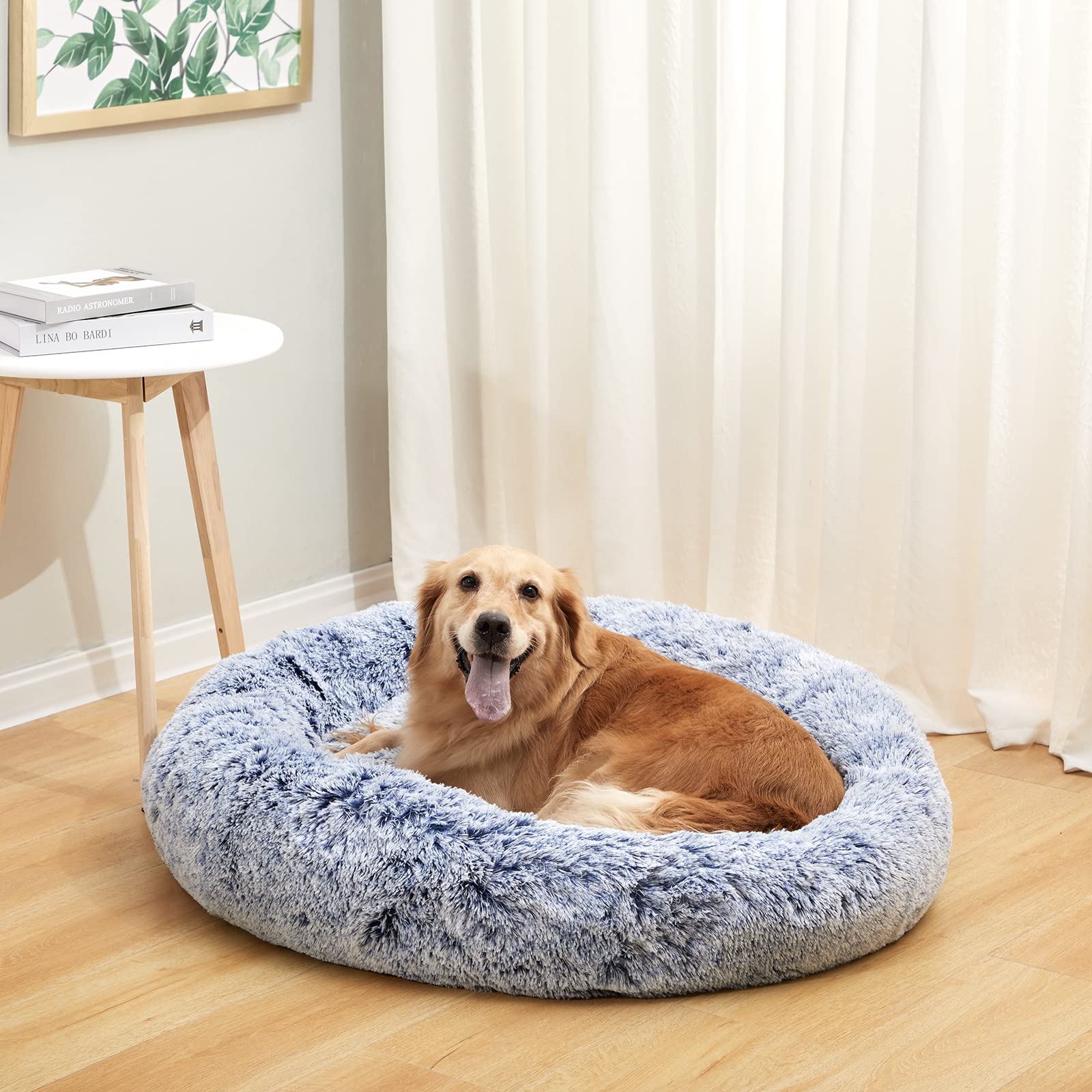 Bedfolks Calming Donut Dog Bed - 36" Plush, Anti-Anxiety, Faux Fur, Navy Blue for Large Dogs