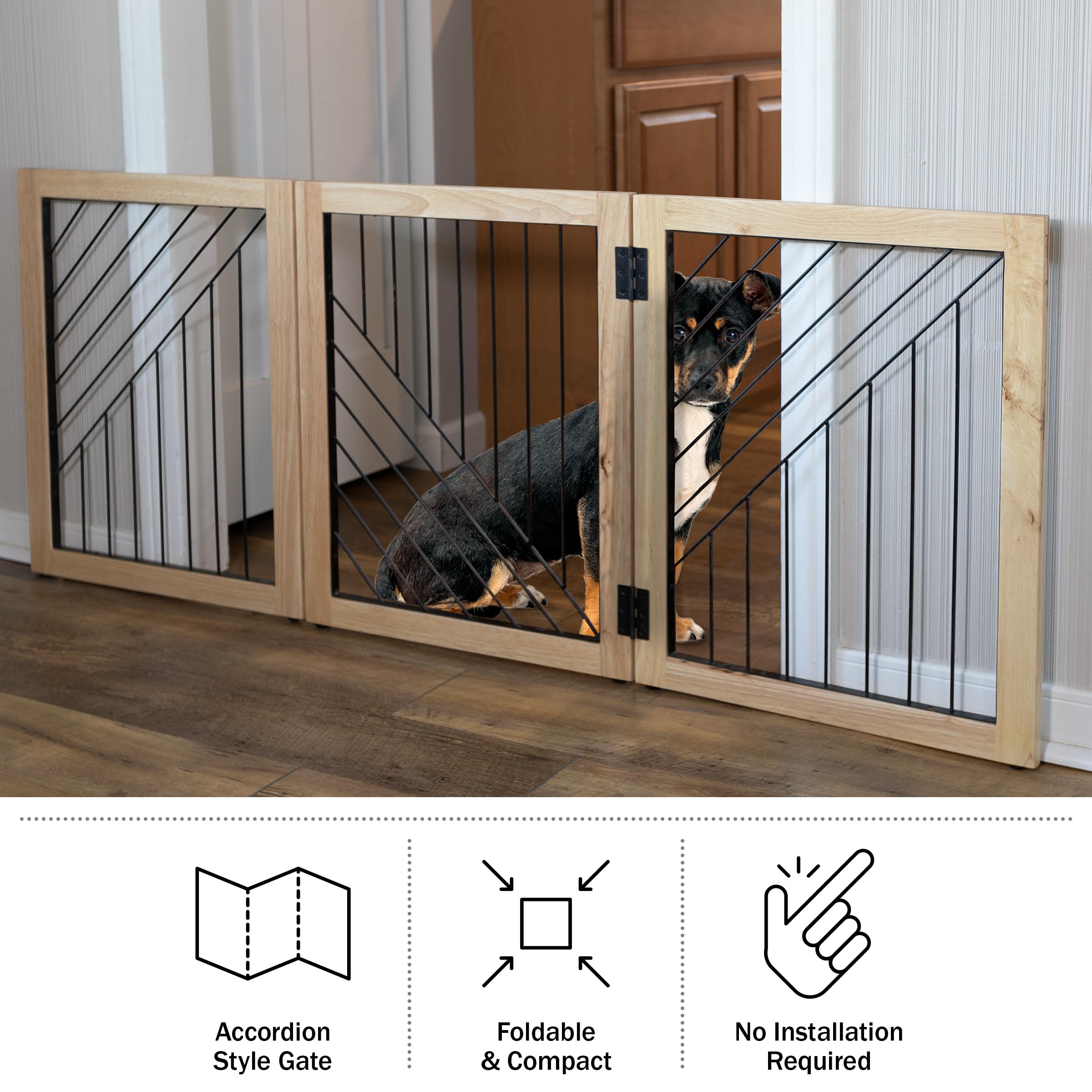 Pet Gate - 3-Panel Indoor Folding Dog Gate For Stairs Or Doorways - 54X24-Inch Freestanding Pet Fence For Cats And Dogs By Petmaker (Natural)