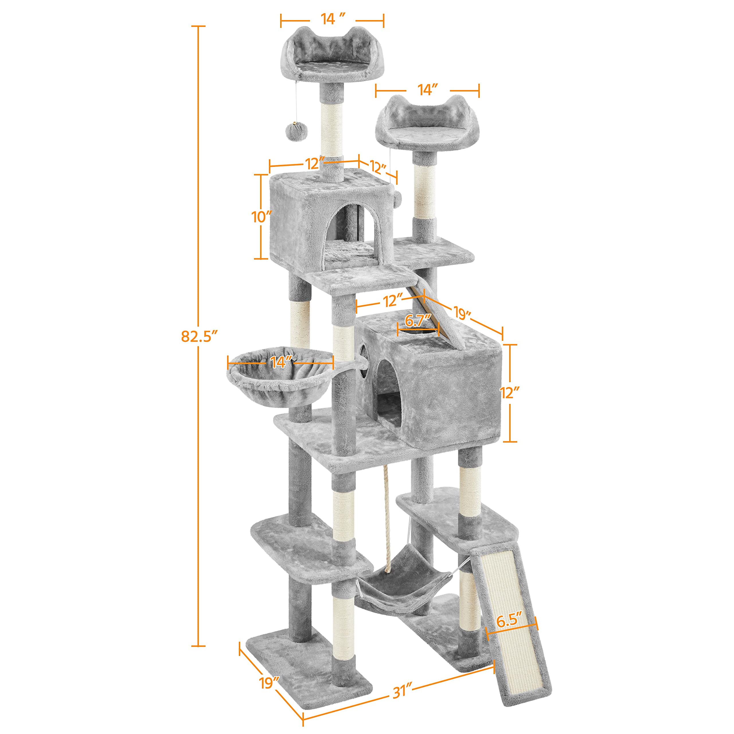 Yaheetech Cat Tree, 82.5In Large Tower W/Hammock, 2 Kitty-Ear Perches, 2 Cozy Condos, Scratching Posts, Basket, Furniture For La