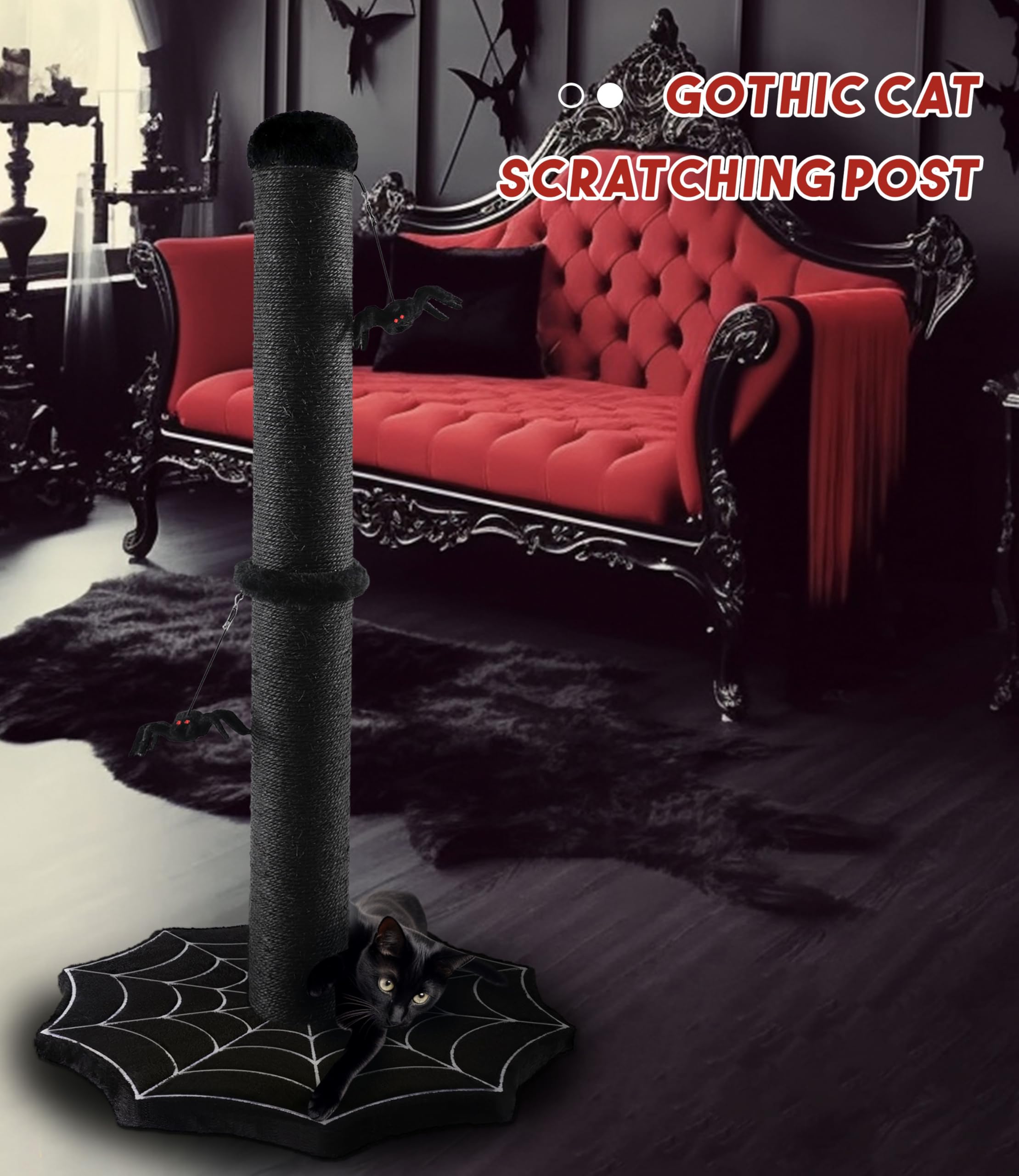 Puzzlepaw Gothic Cat Scratching Post With Spider Dangling Toys For Indoor Large Cats, Halloween Spooky Cat Scratcher,Activity Ca