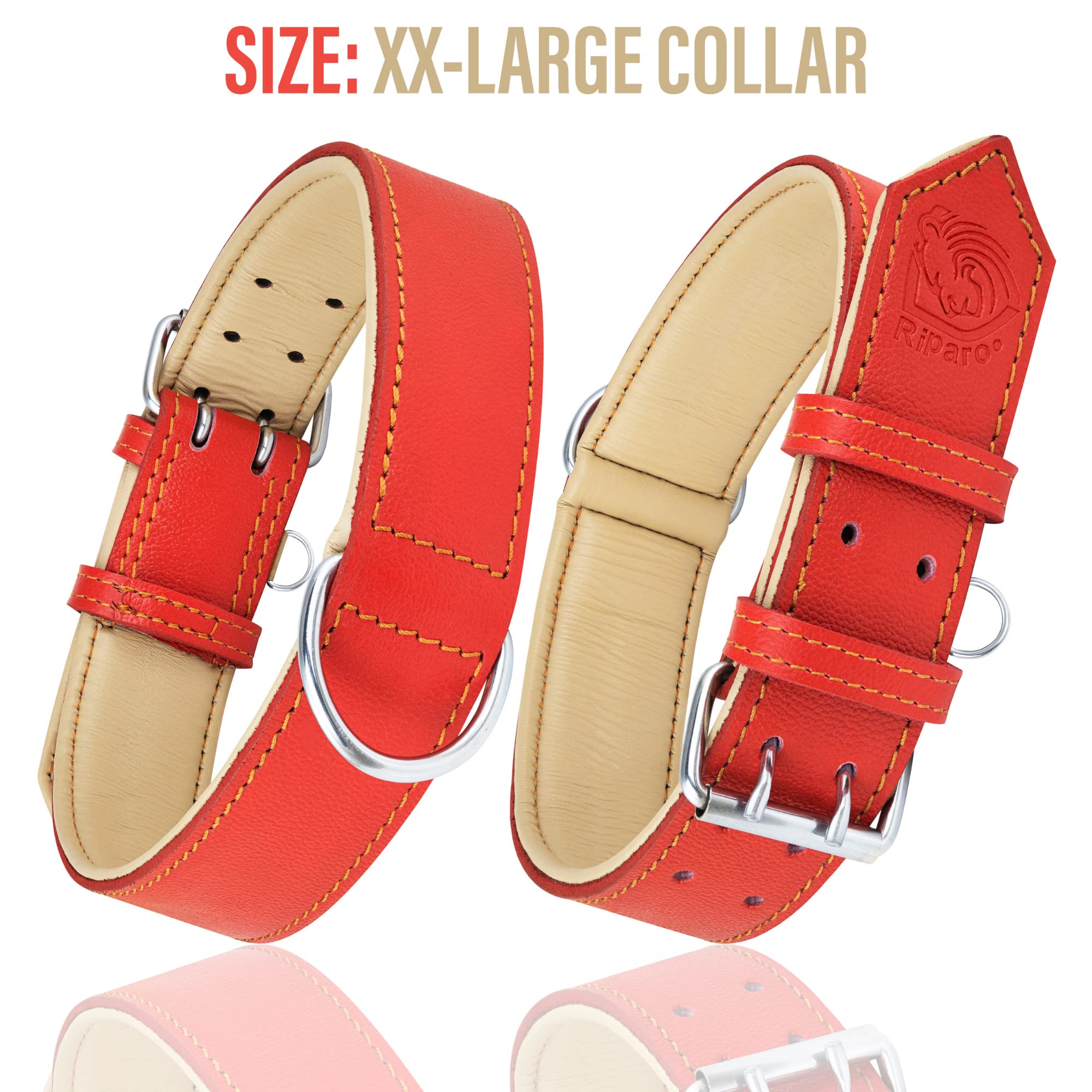 Riparo Red Leather Dog Collar - Heavy Duty Wide Dog Collar For Small, Medium, Large And Extra Large Dogs With Dog Tag Holder (Xl