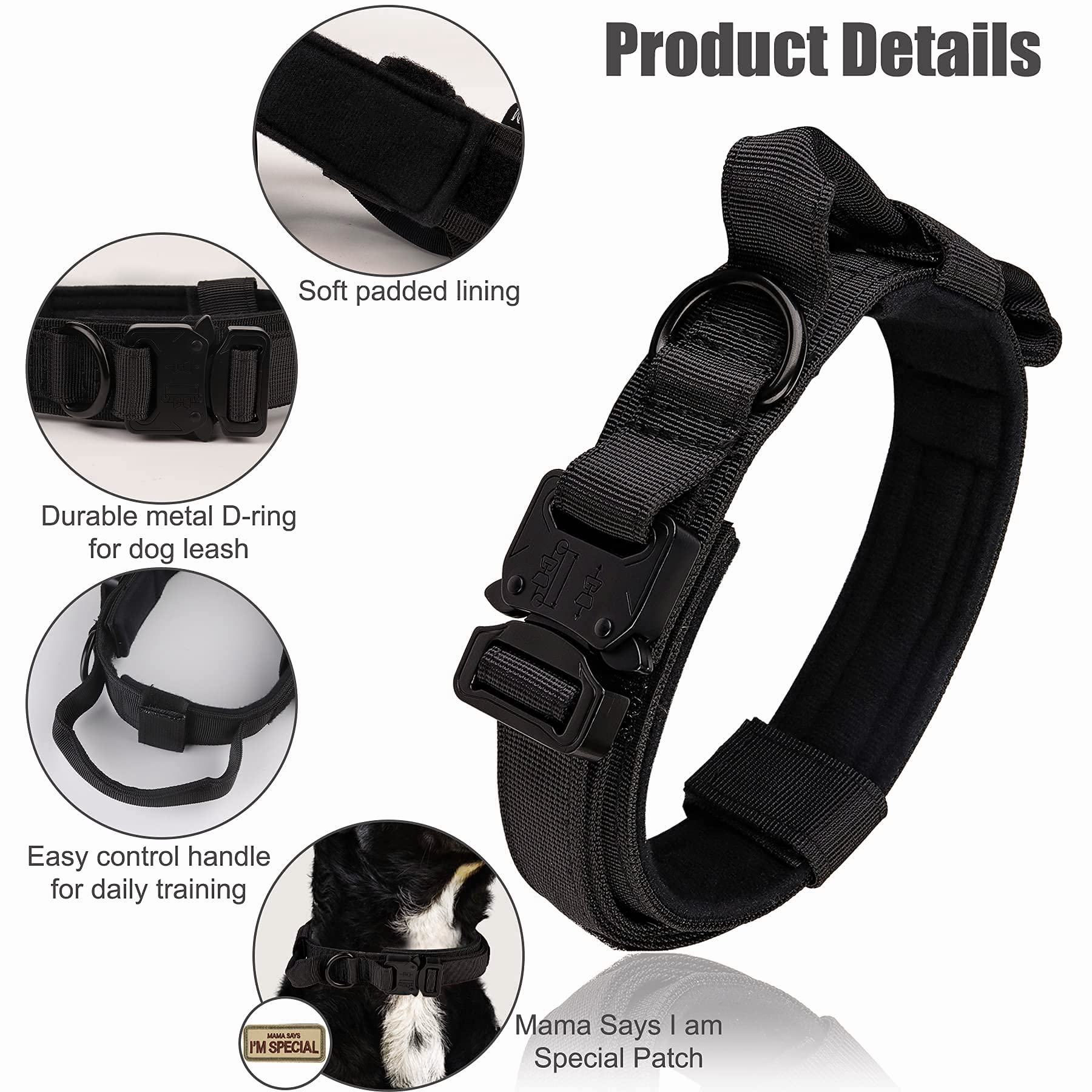 KCUCOP Tactical Dog Collar - Adjustable Heavy Duty Nylon K9 Collar with Handle, Size L, Black - Mama Says I'm Special Patch