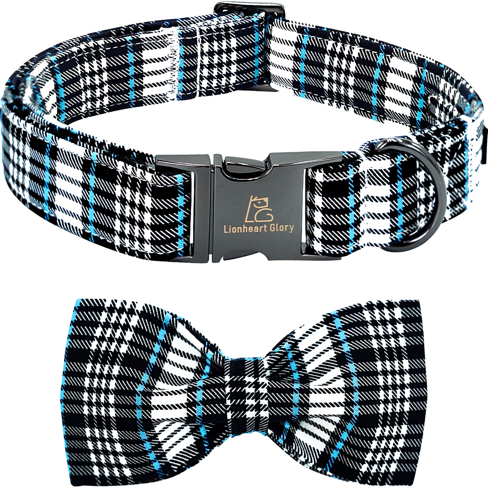 Lionheart Glory Dog Bow Collar Blue And Black Plaid Dog Collar For Small Dogs,Boy Dog Collars With Bowtie Spring Summer Collars 