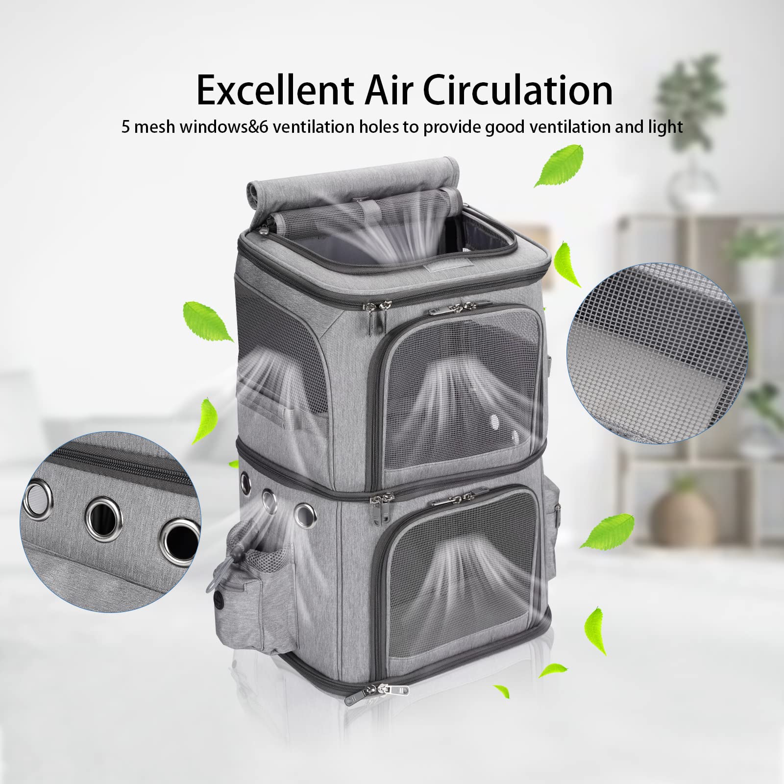 Hovono Double-Compartment Pet Carrier Backpack For Small Cats And Dogs, Cat Travel Carrier For 2 Cats, Perfect For Traveling/Hiking/Camping, Grey
