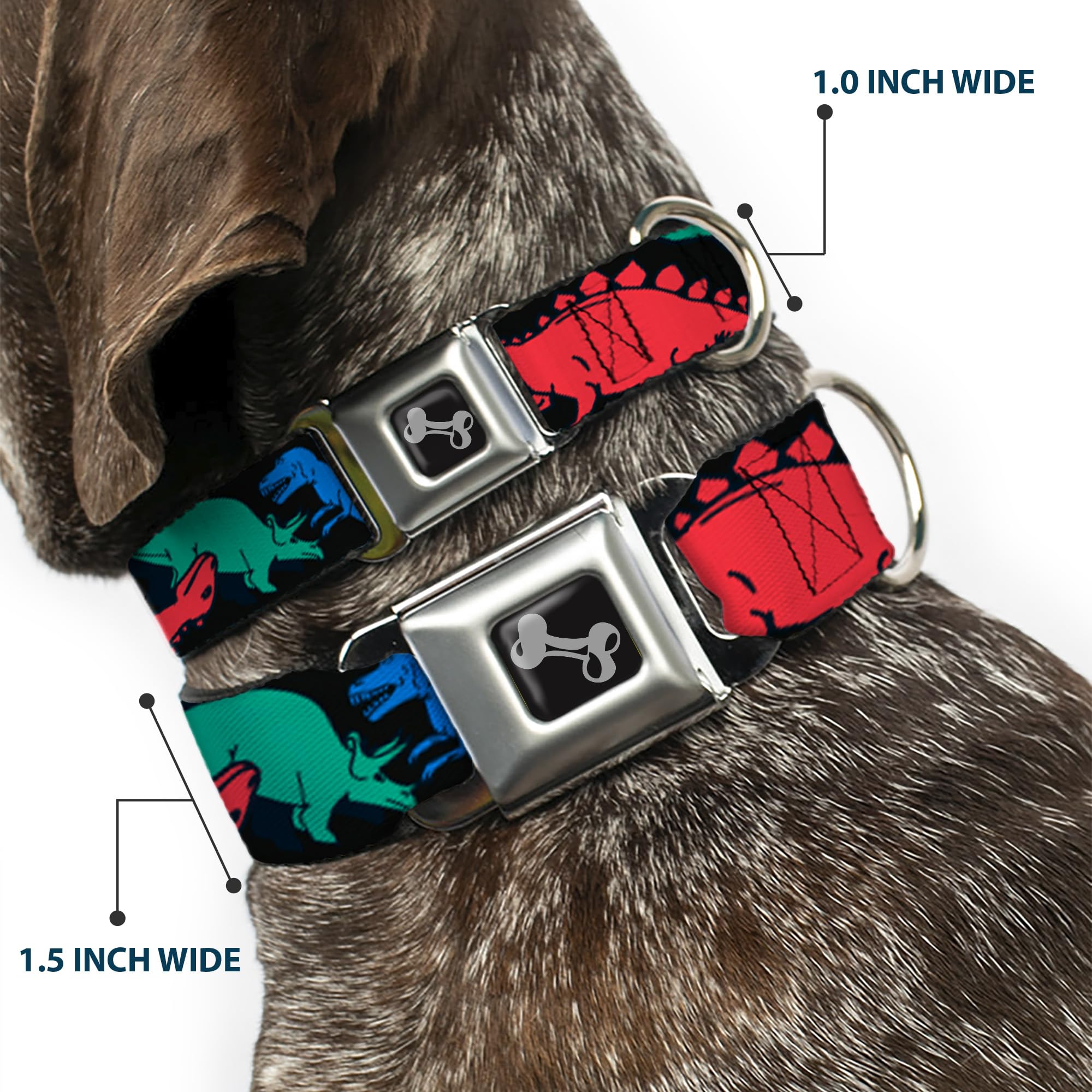 Buckle-Down Seatbelt Buckle Dog Collar - Dinosaurs Black/Multi Color - 1.5' Wide - Fits 16-23' Neck - Medium