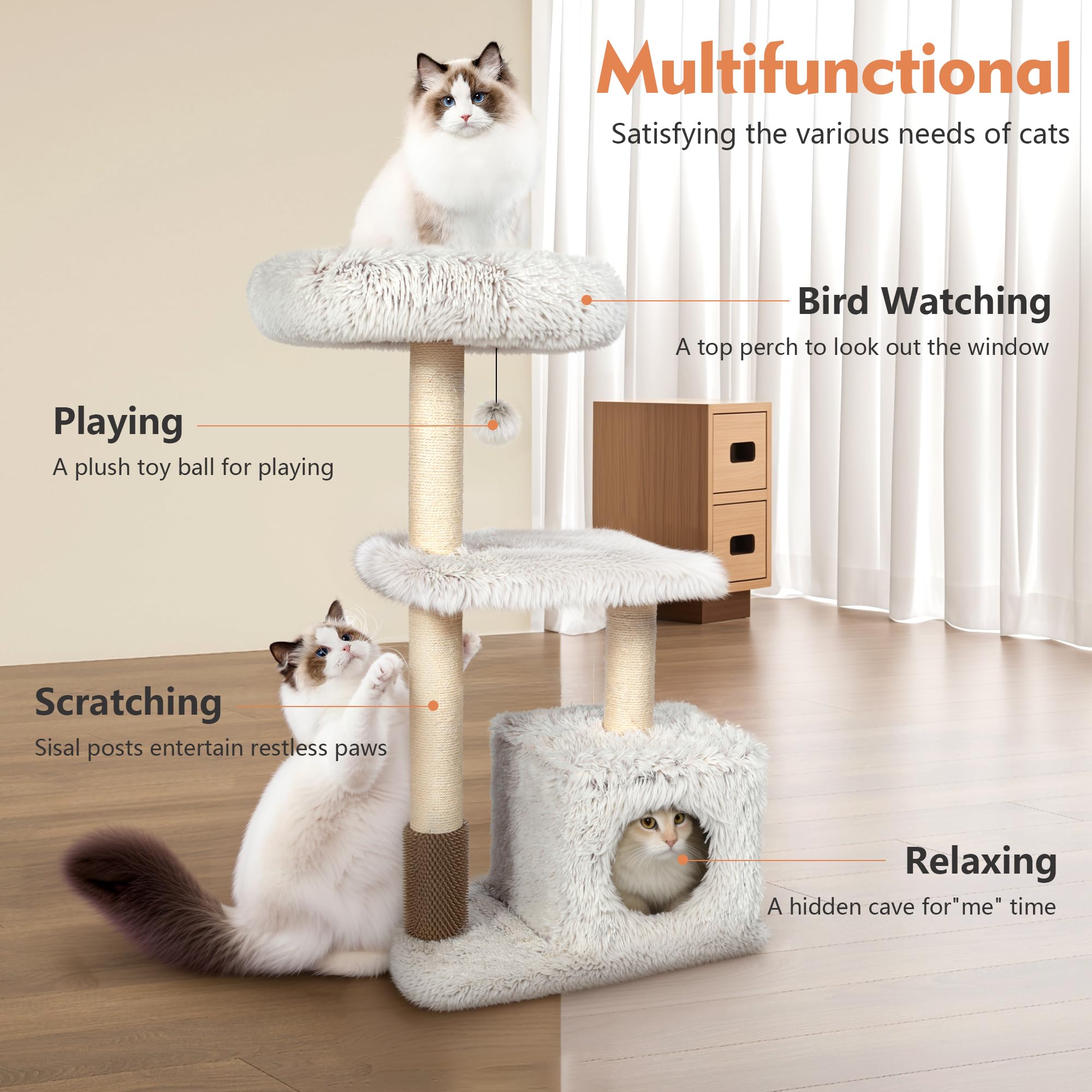 Kamaboko 41'' Tall Cat Tree - Wooden Cat Trees Tower With Cat Condo, Hammock & Top Perch, Modern Tall Cat-Tree W/Natural Sisal P