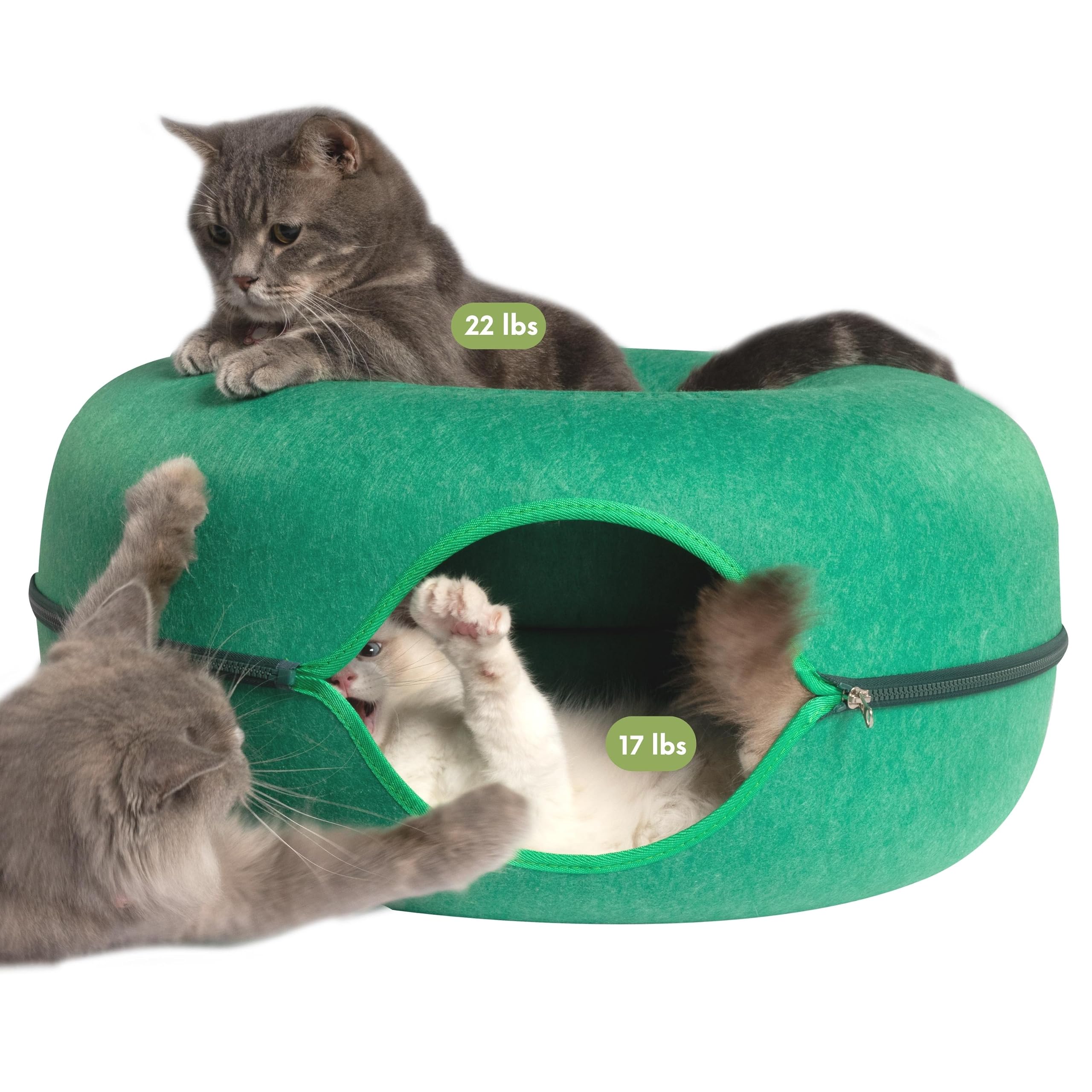Cattasaurus Peekaboo Cat Cave For Multiple & Large Cats Up To 30-45 Lbs, Scratch Detachable & Washable Tunnel Bed, Comfy Donut Cat Cave (Forest Green, Large)