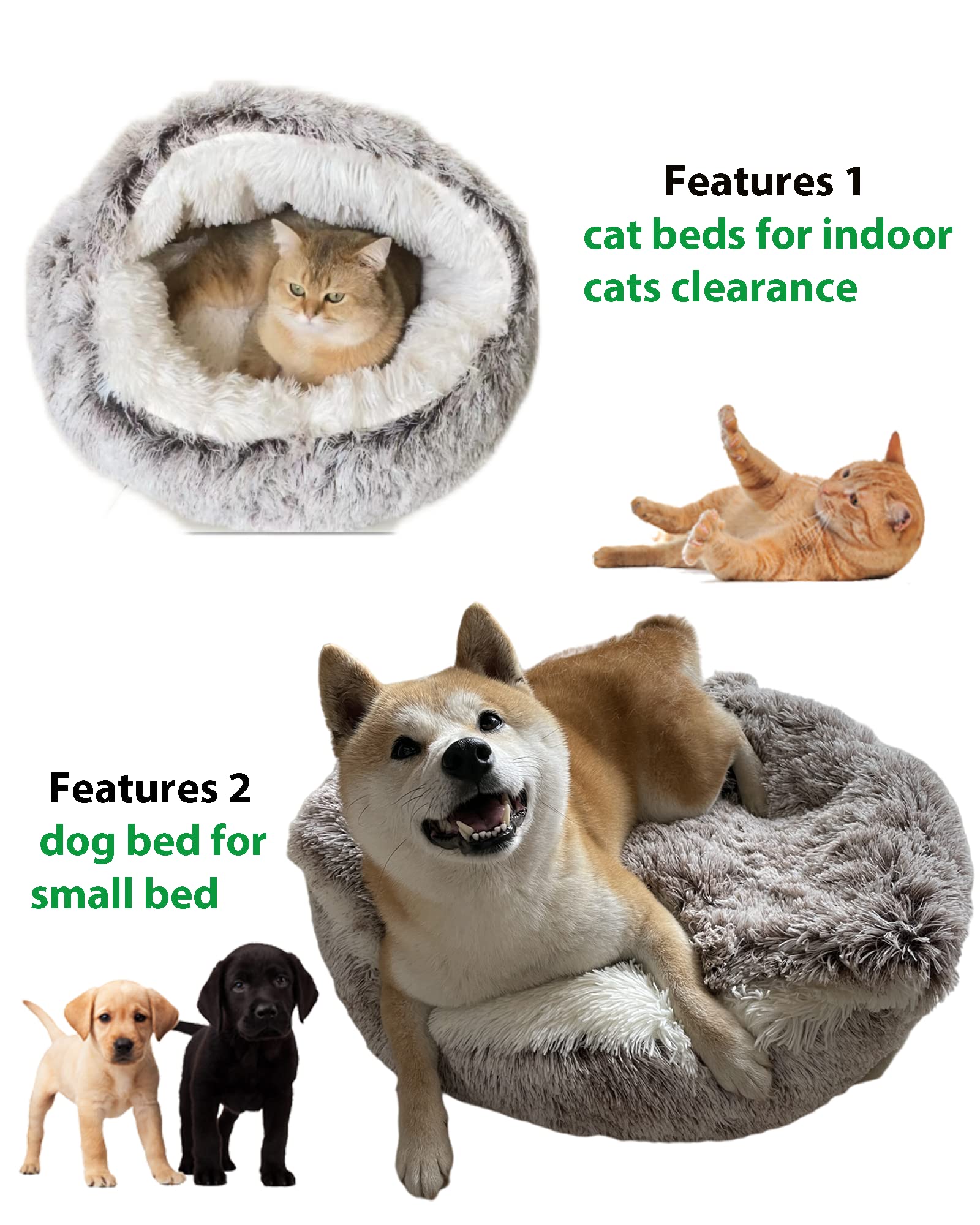 ShinHye Cat Bed Round Plush Hooded Cave - Cozy 20" Grey Cotton Pet Bed, Washable & Waterproof for Indoor Cats & Small Dogs