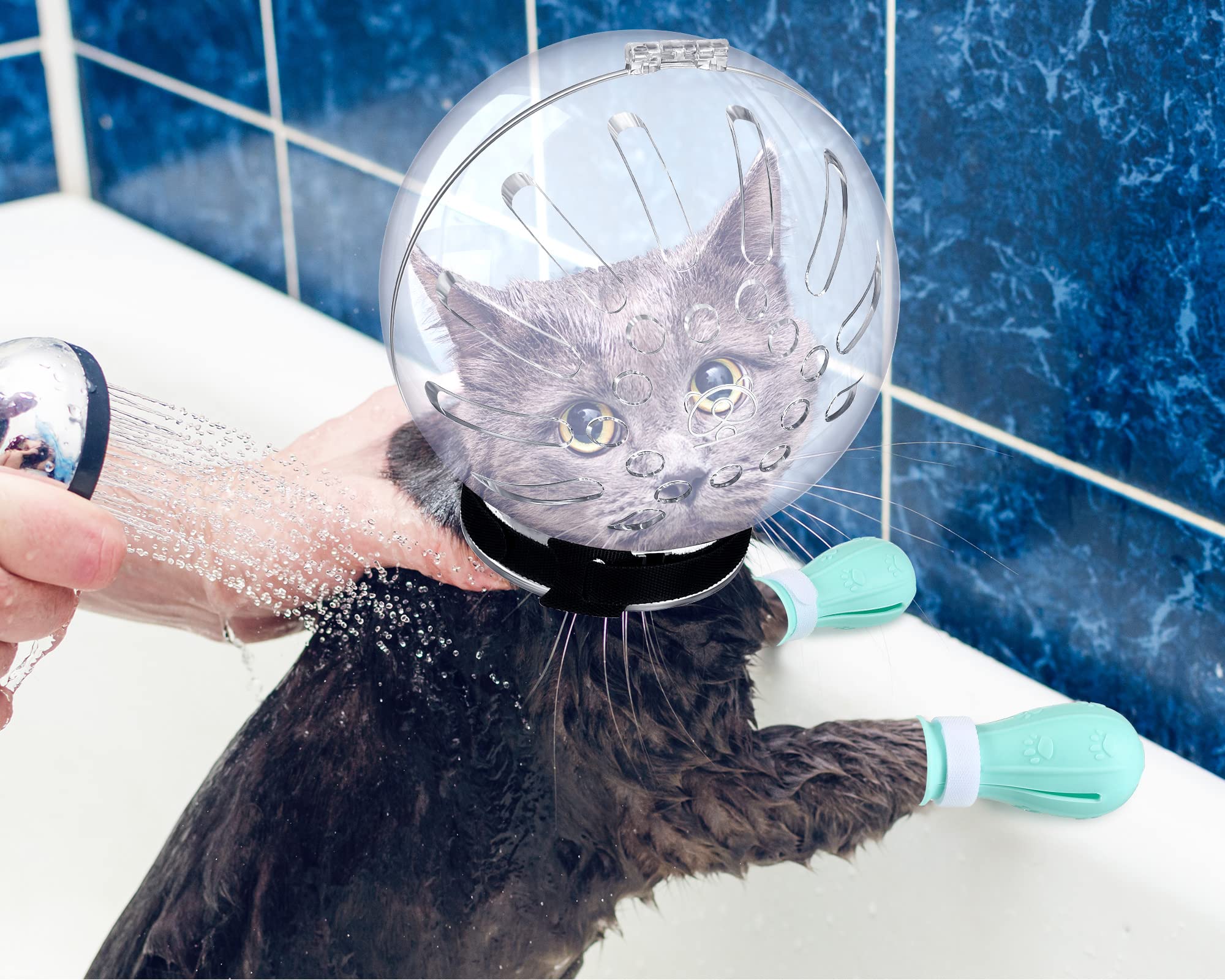 Cat Muzzle For Grooming Cat Adjustable Hood With Cat Paw Covers, Kitten Breathable Anti Bite Muzzles Anti Scratch Boots Silicone Cat Shoes Boots Cat Paw Protector For Cats Bathing Shaving (Large)