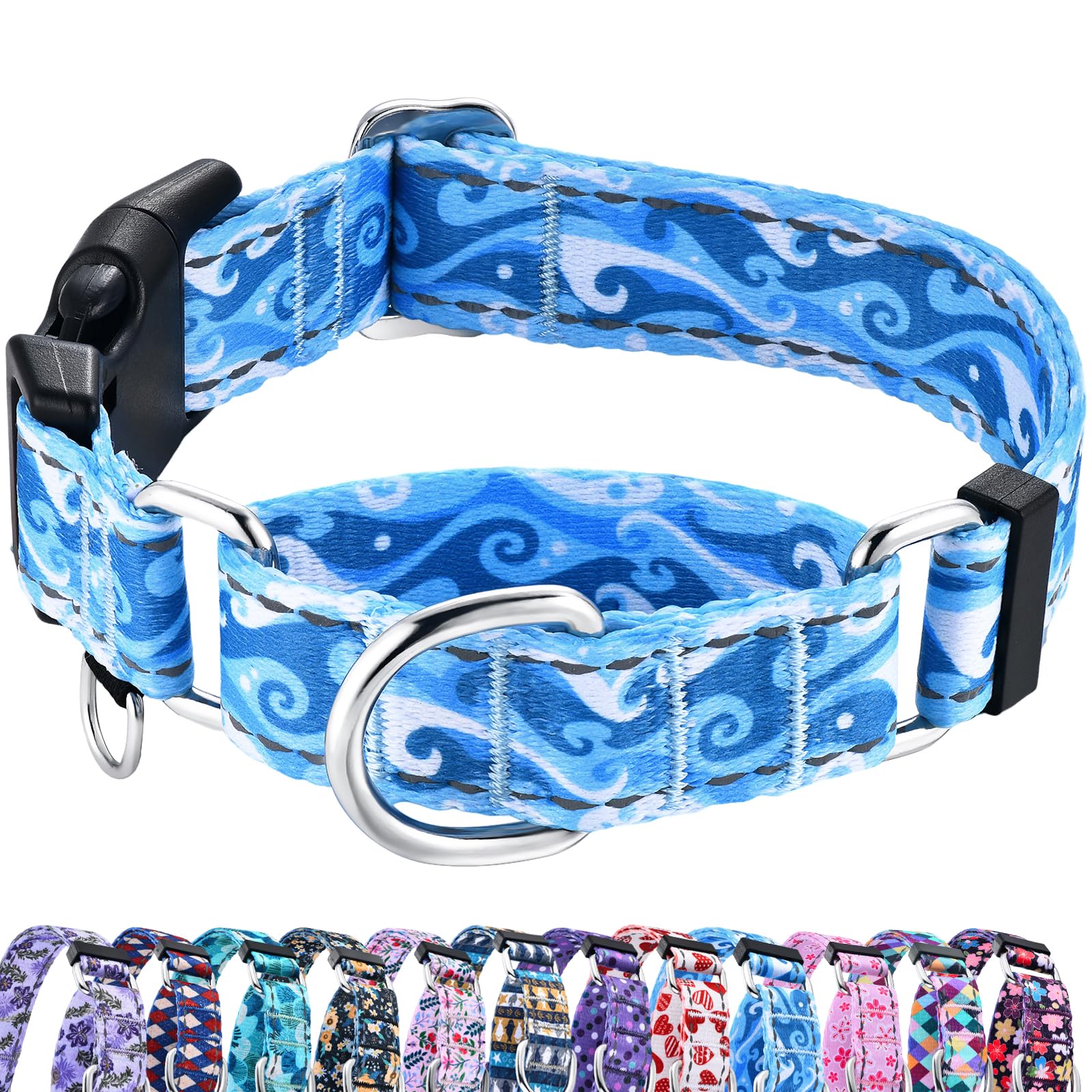 Fidohug Reflective Martingale Collar With Quick Release Buckle Anti Pulling Boy Male Adjustable Dog Collars (Blue Waves, Medium)