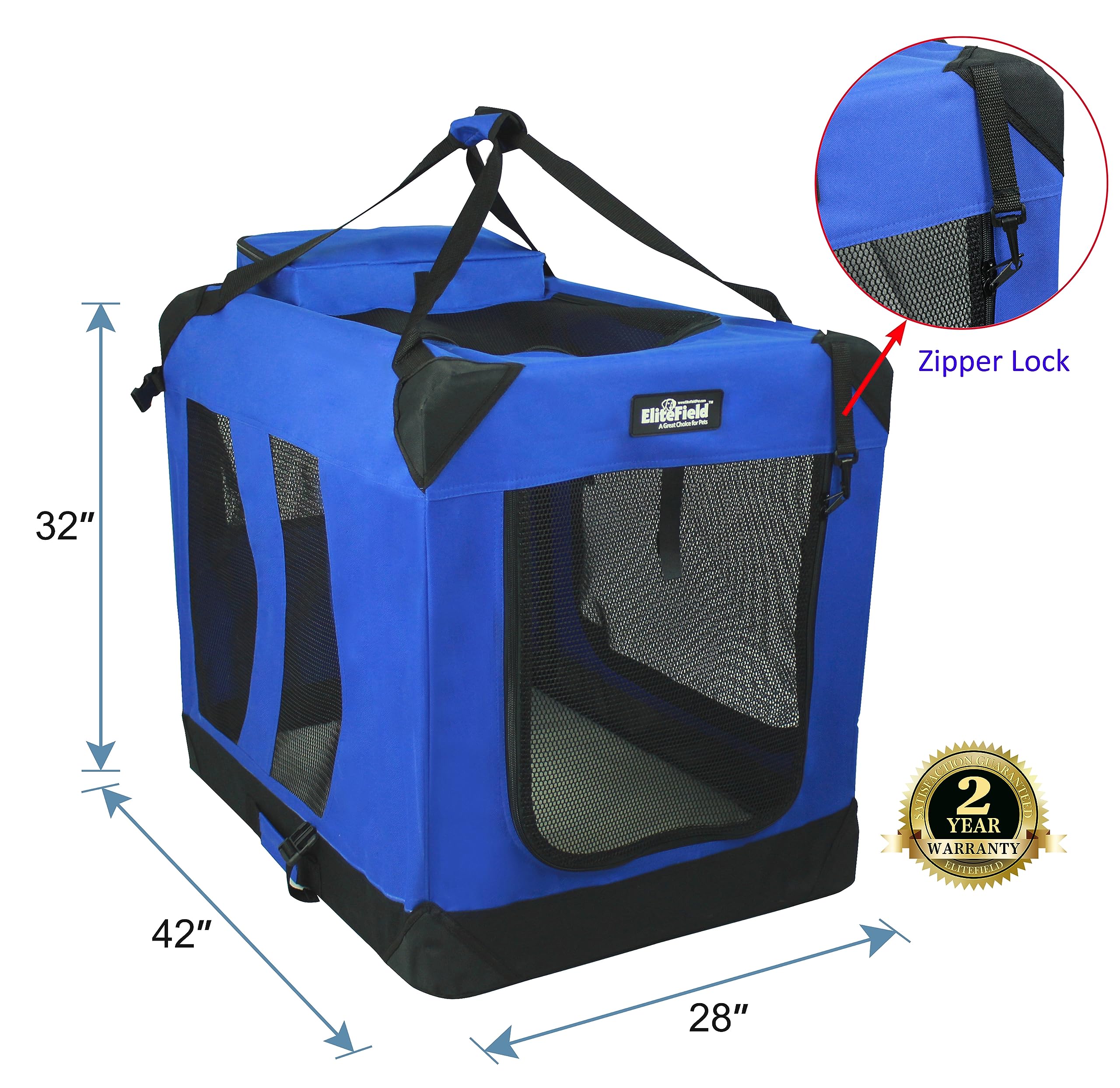 Elitefield 3-Door Folding Soft Dog Crate With Carrying Bag And Fleece Bed (2 Year Warranty), Indoor & Outdoor Pet Home (42' L X 28' W X 32' H, Royal Blue)