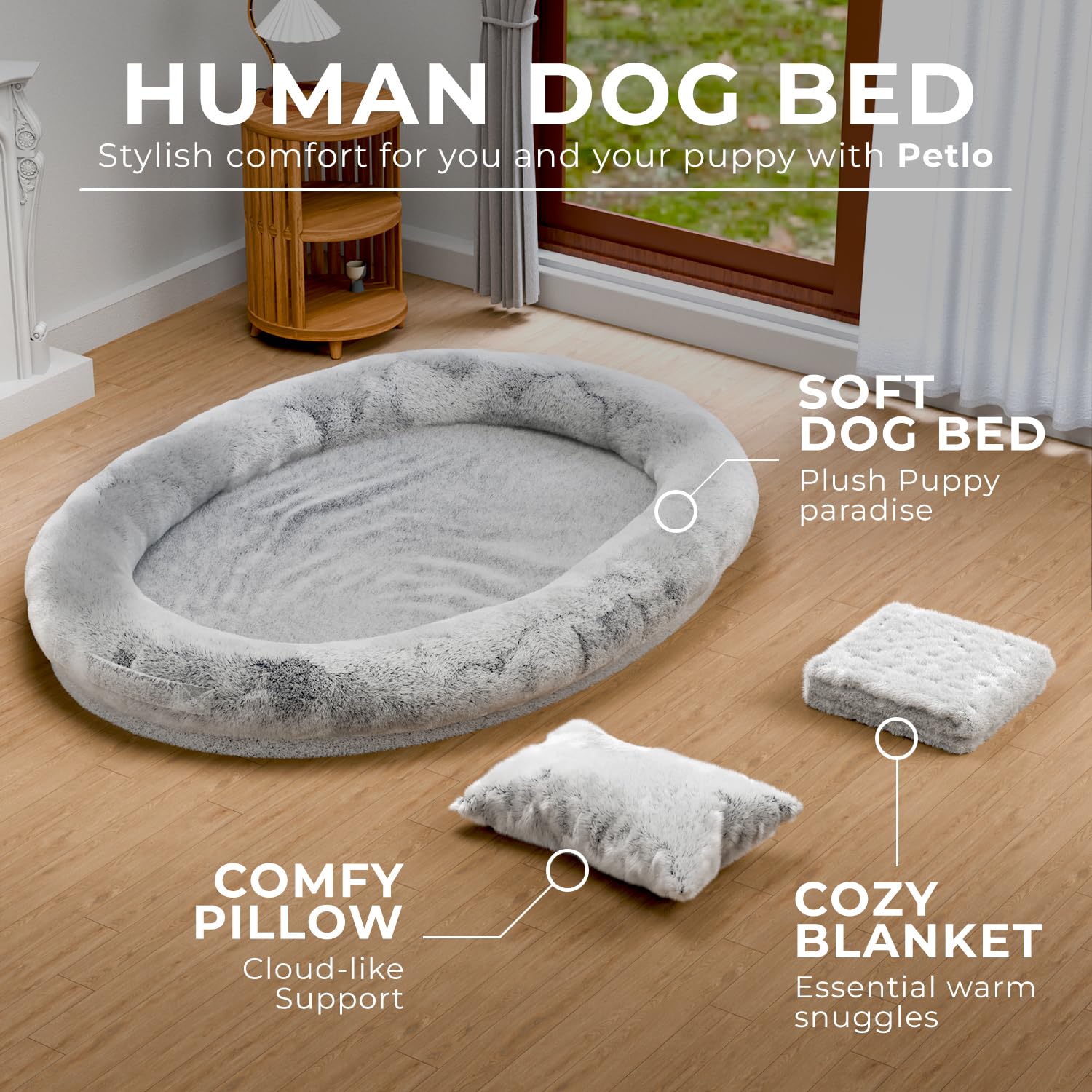 Petlo Human Dog Bed For Cozy Naps 72''X48''X11'' - Washable Faux Fur Cover, Blanket And Pillow - Removable Memory Foam And Adjus