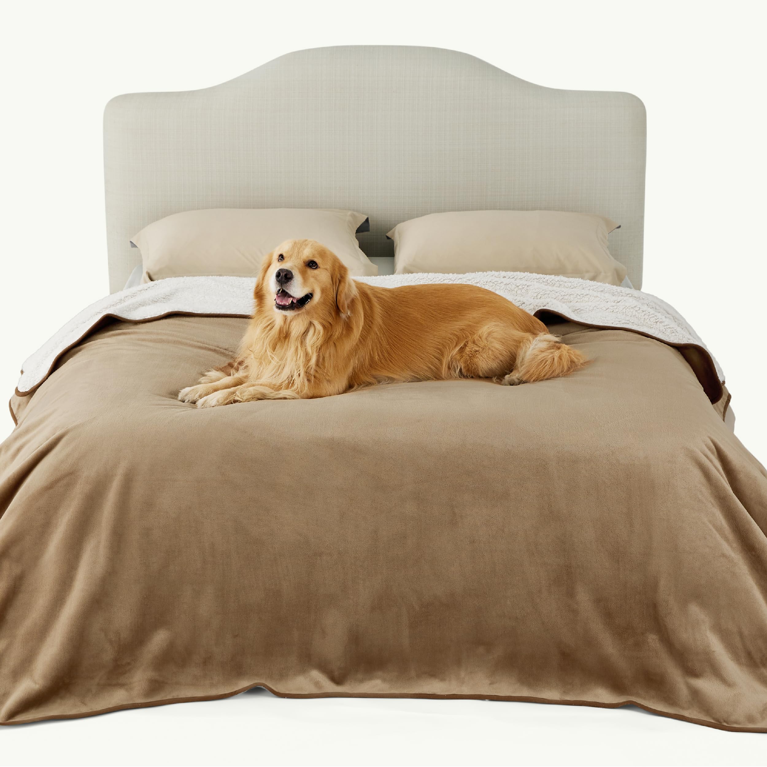 Bedsure Waterproof Blanket For Bed - Sherpa Fleece Waterproof Dog Blankets For Large Dogs, Pet Blankets For Bed/Couch/Dog Crate, Soft Plush Reversible Furniture Protector, Queen Size, 90'X86', Camel