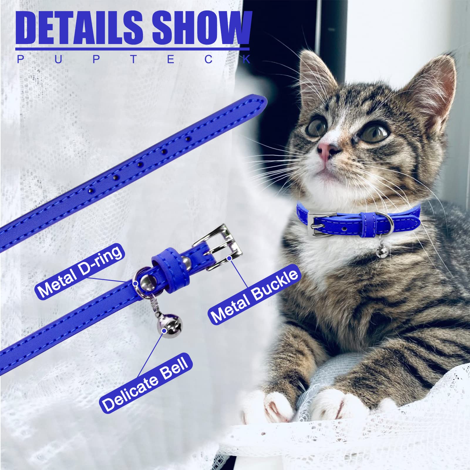 Pupteck 2 Pcs Soft Leather Cat Kitten Collar With Bells Adjustable For Girl Boy Cats Puppy - Pale Turquoise, Navy Blue