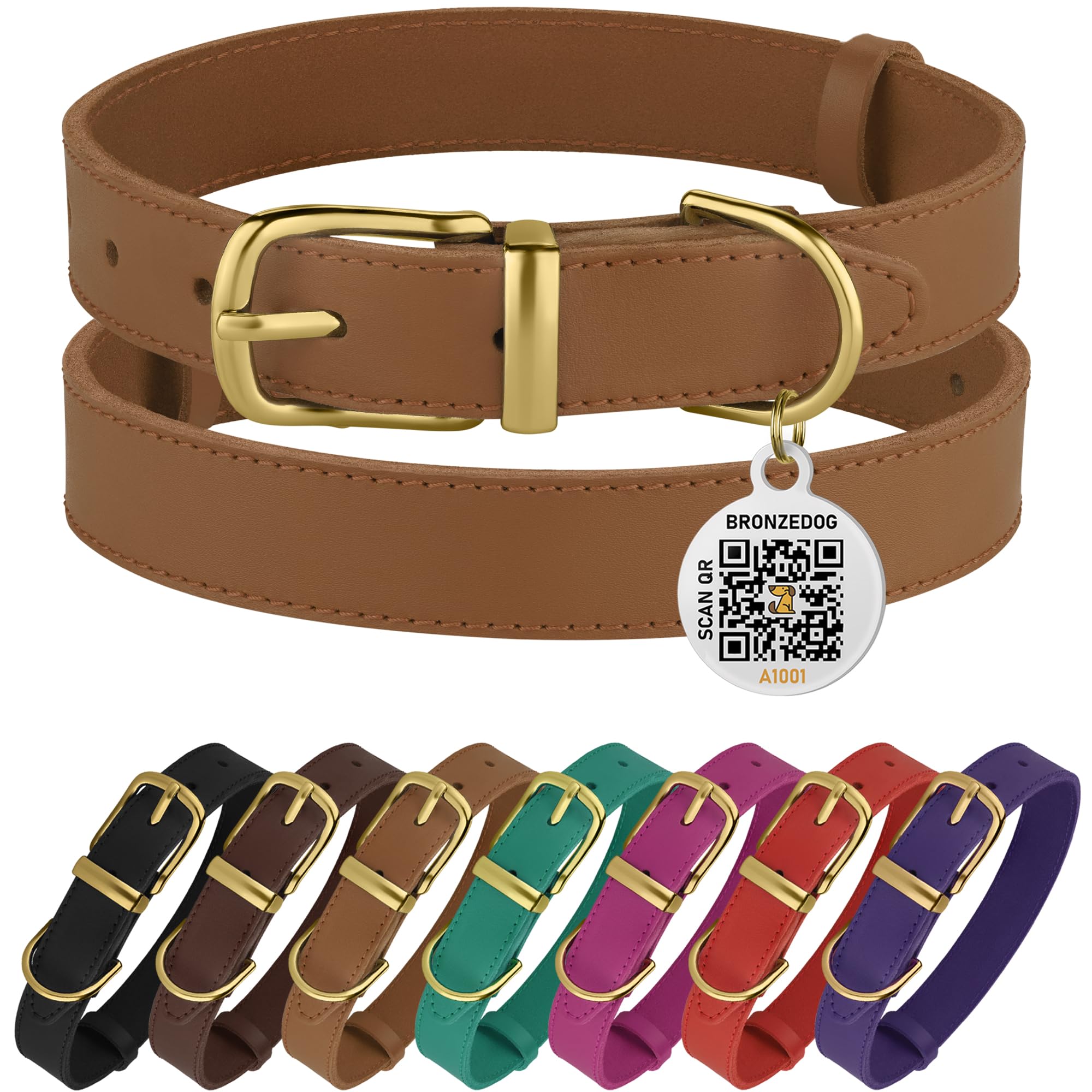 Bronzedog Leather Dog Collar With Metal Buckle Durable Basic Pet Collars For Small Medium Large Dogs (19-21 Inch (Pack Of 1), Light Brown & Gold Buckle)