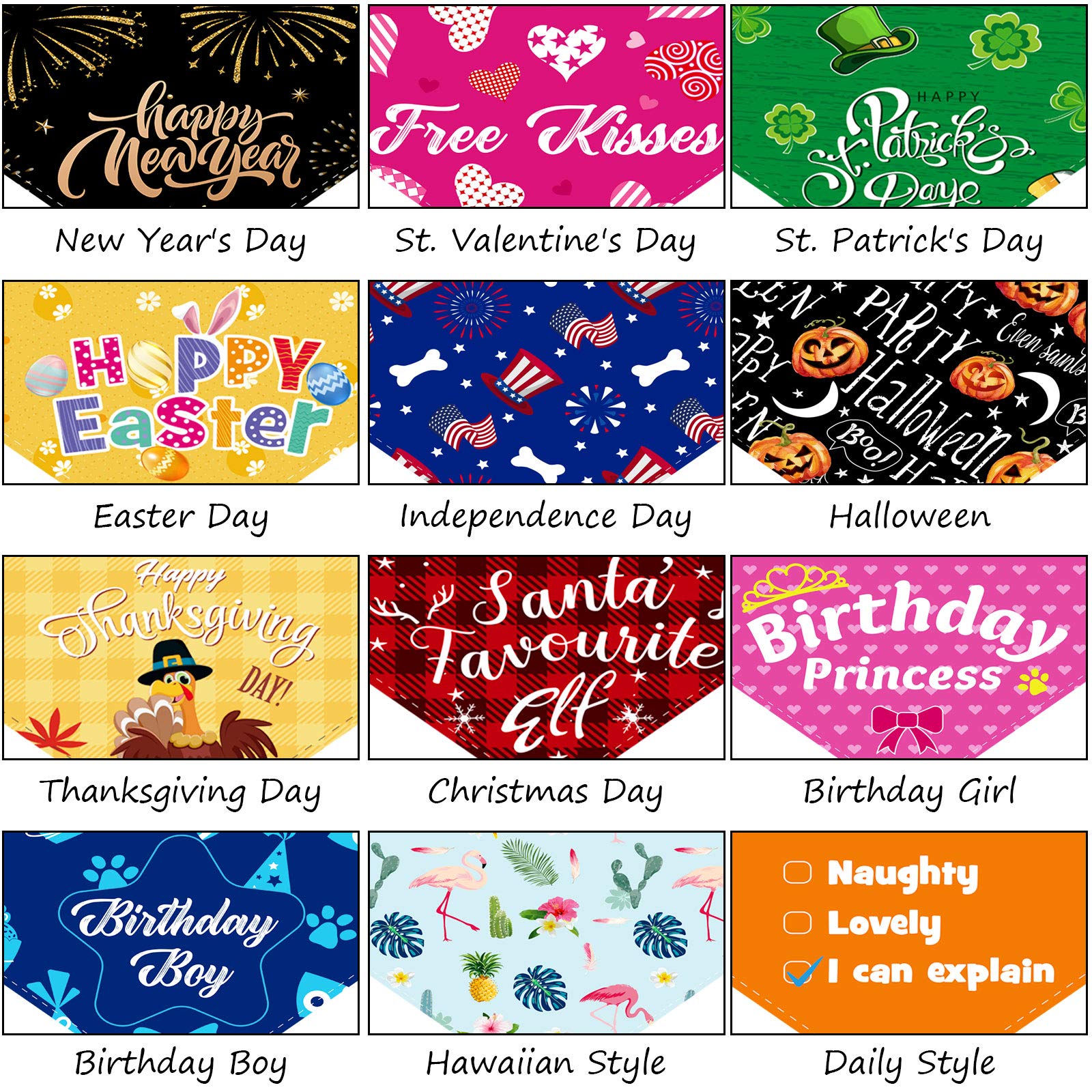 12 Pieces Holiday Dog Bandanas Christmas Dog Scarf Birthday New Year Valentine'S Day Daily Festival Costume Supply Pets Dog Scarf Bandana For Dogs Cats Pets Costume(Large)